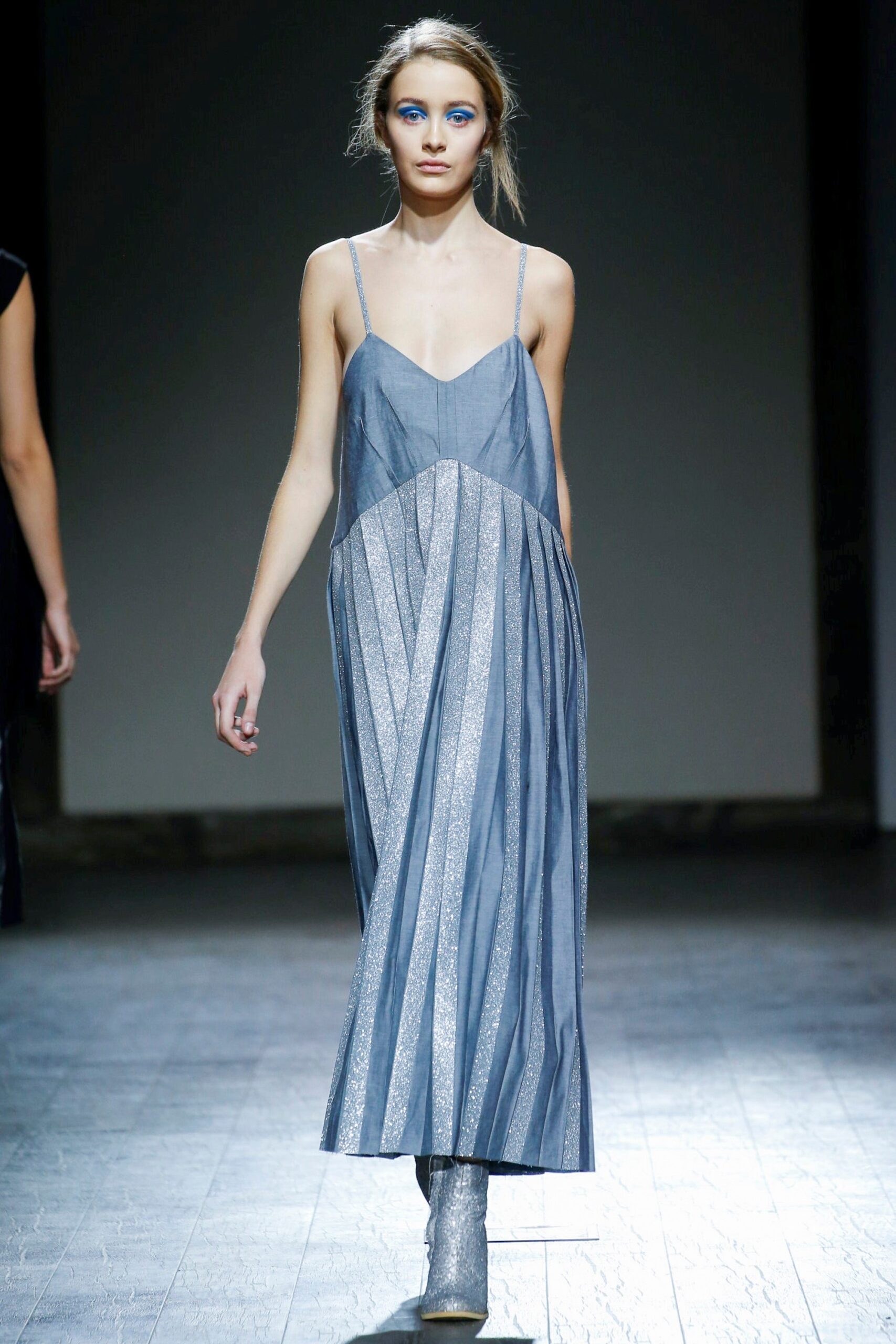 blue silk pleated dress