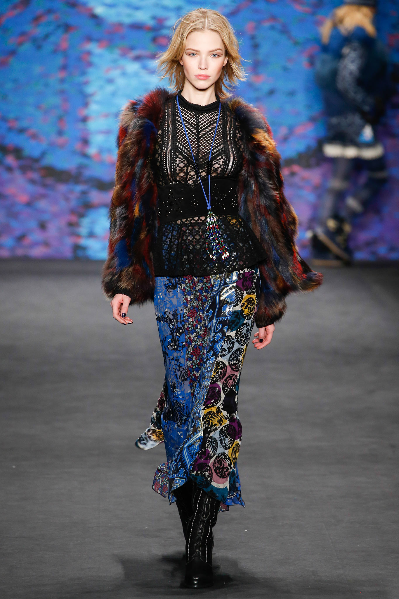 black lace fitted top with multi faux-fur coat