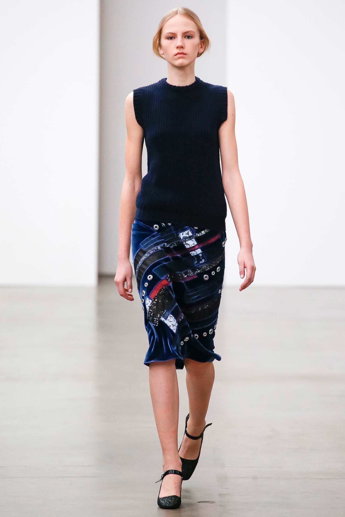 fitted navy top with asymmetric blue skirt