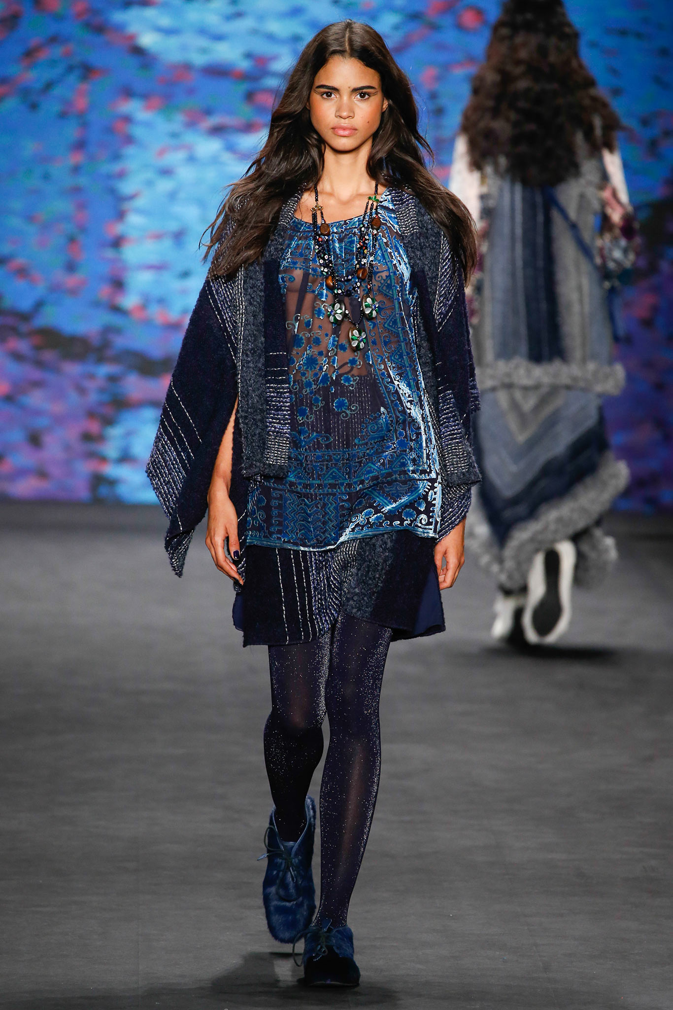 blue silk sleeveless v-neck fitted layered embroidered dress