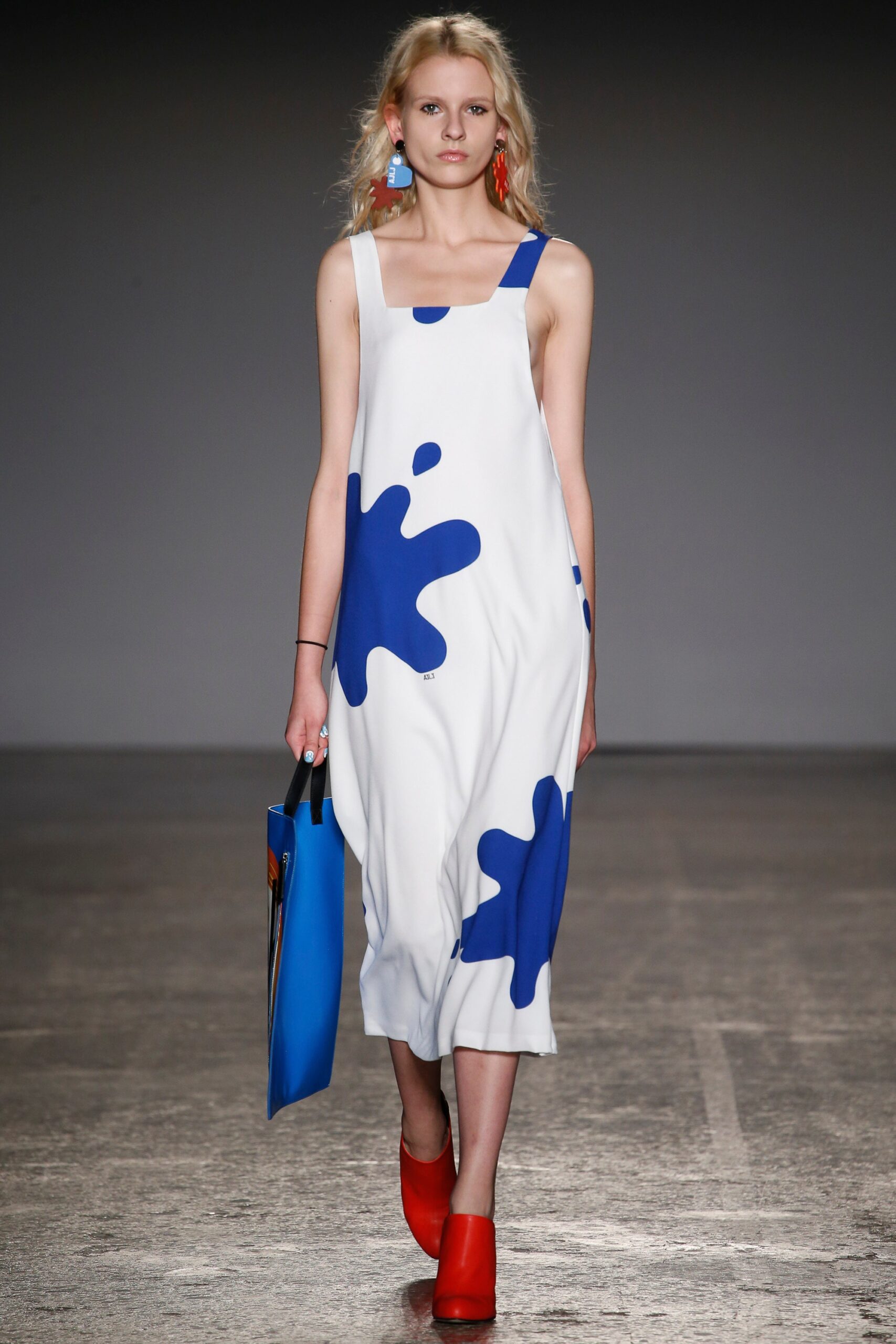 white midi dress with blue print