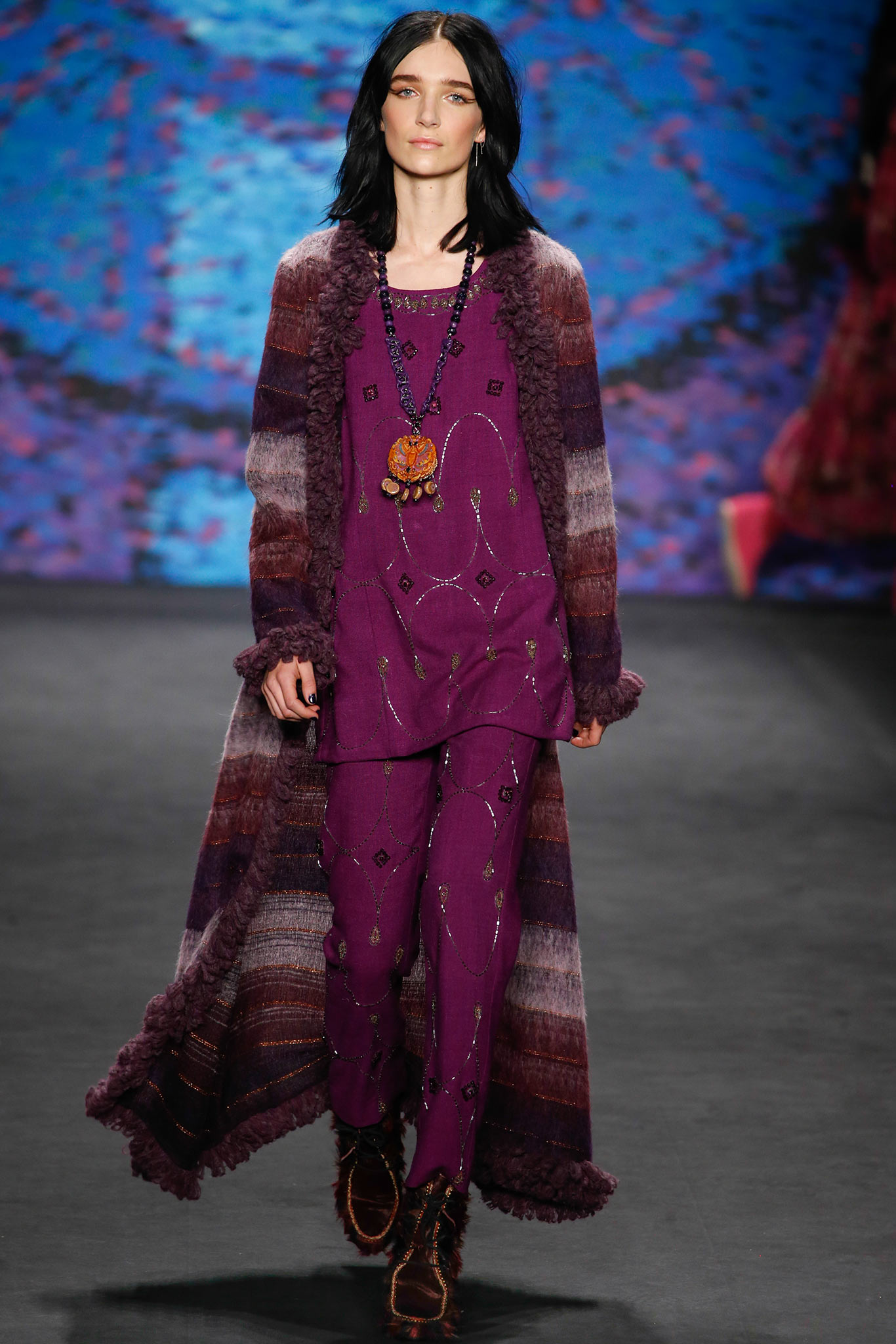 purple wool coat with embroidered pants