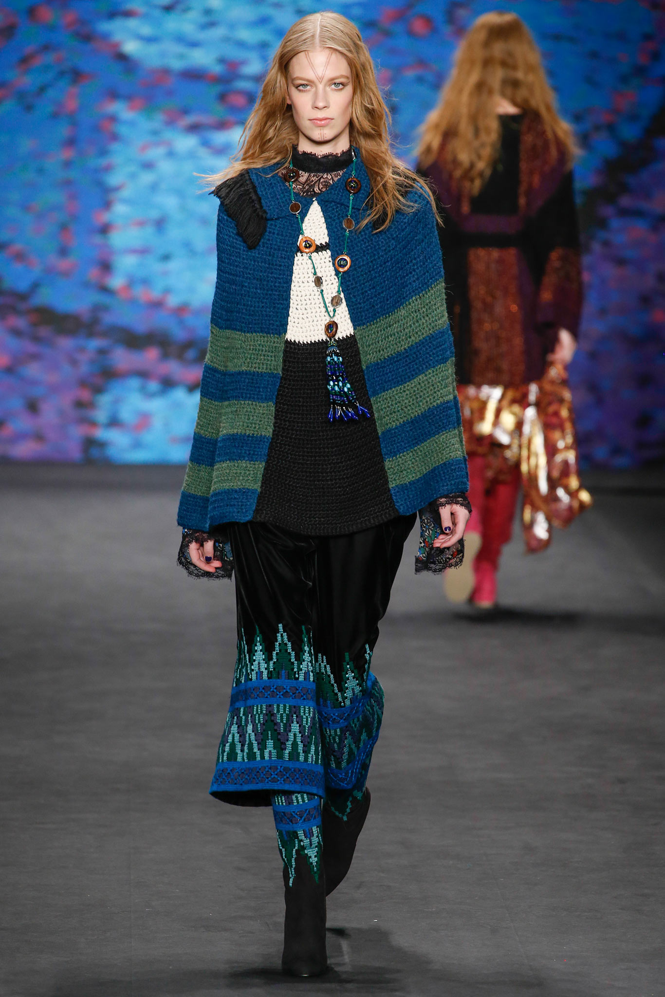 blue wool sleeveless relaxed layered embroidered poncho