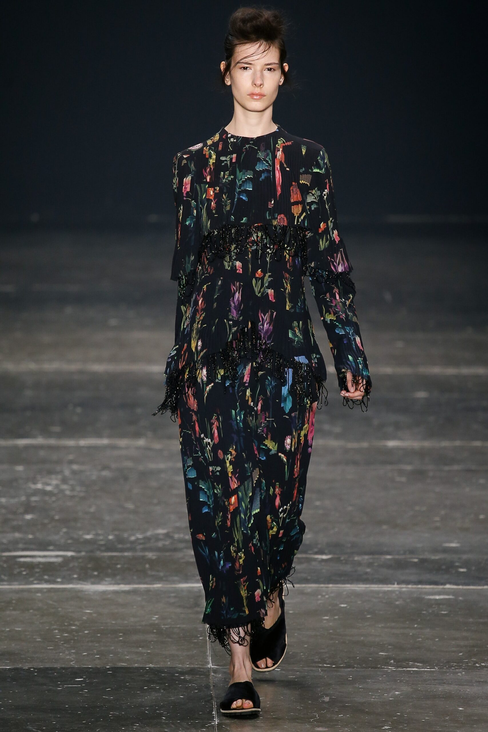 black multi-print fringed maxi dress