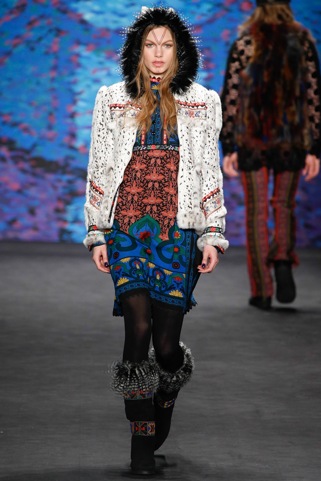embroidered white leather jacket with printed mini dress