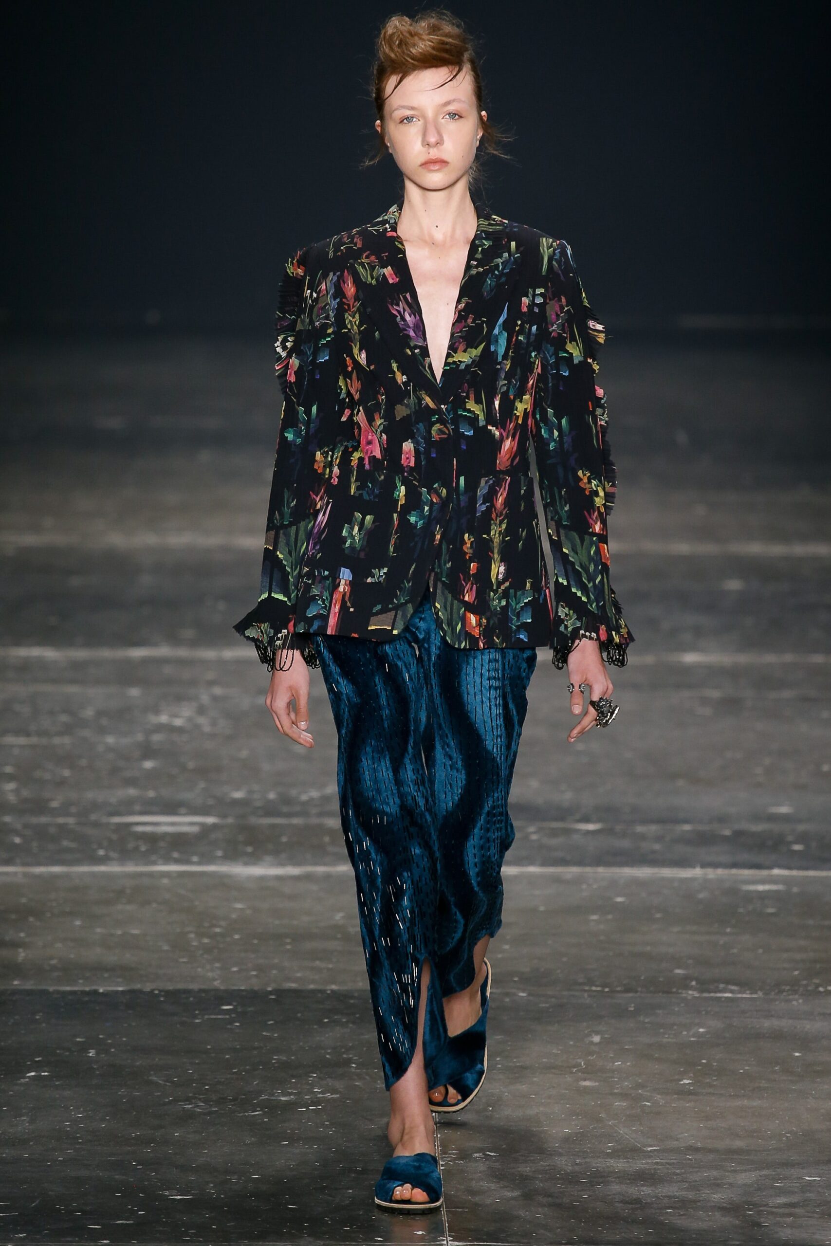 floral black silk blazer with blue pants