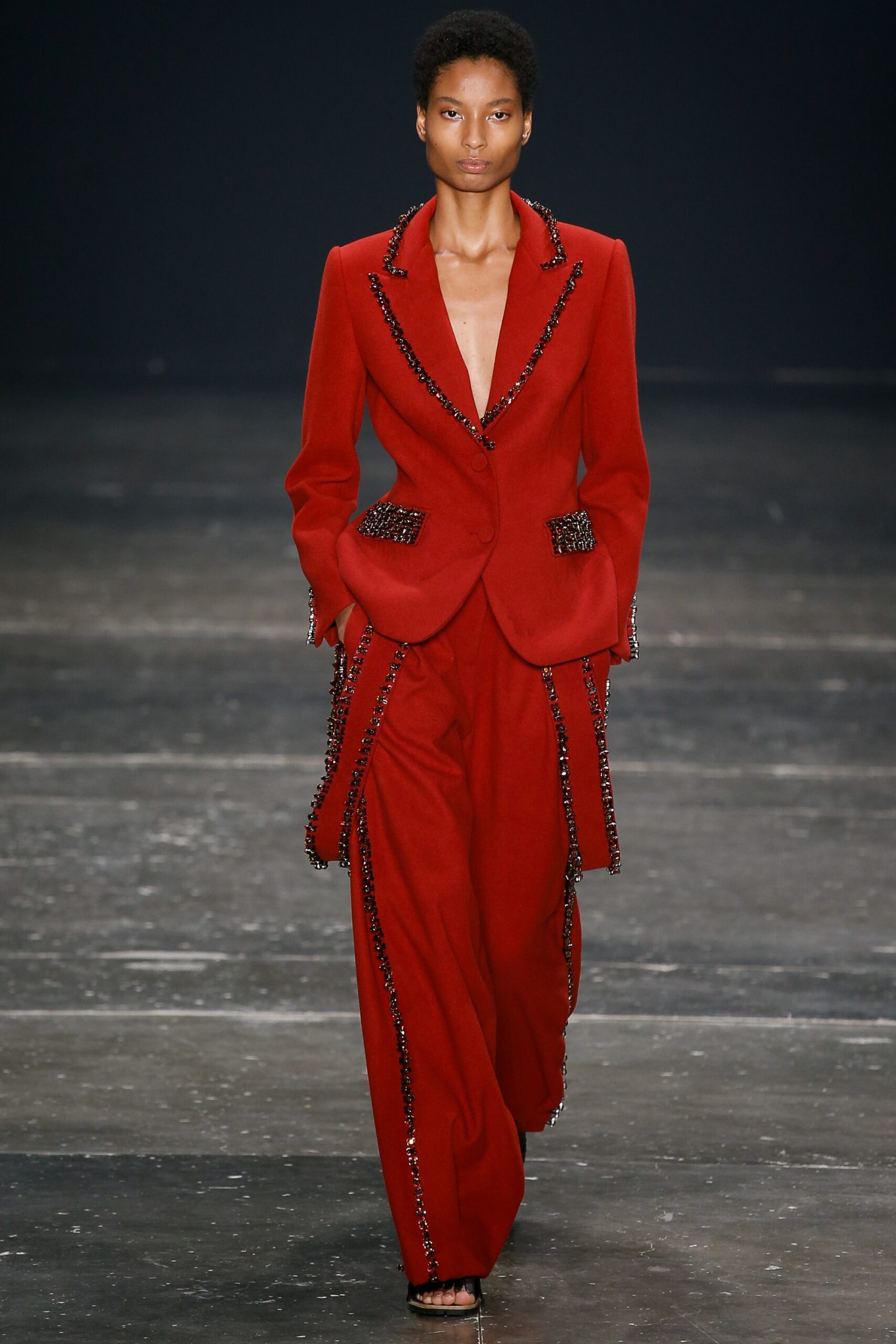 red wool tailored straight-leg pants