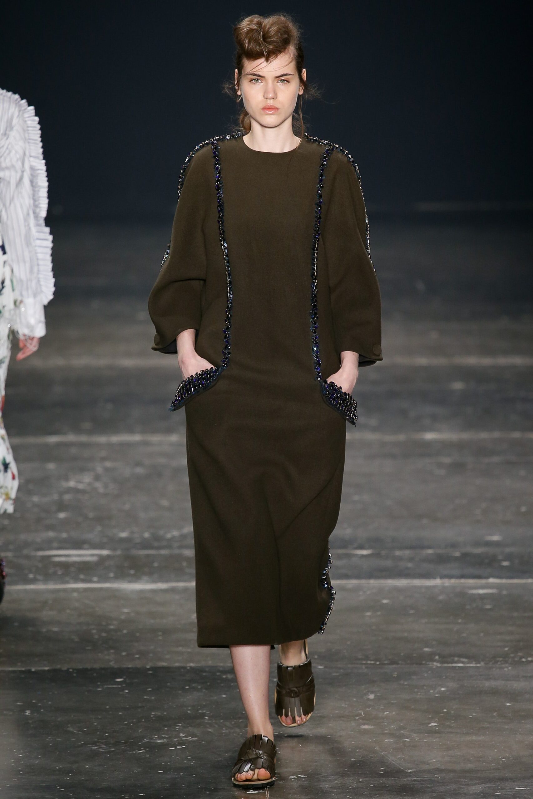 green wool long-sleeve collared relaxed pockets layered dress