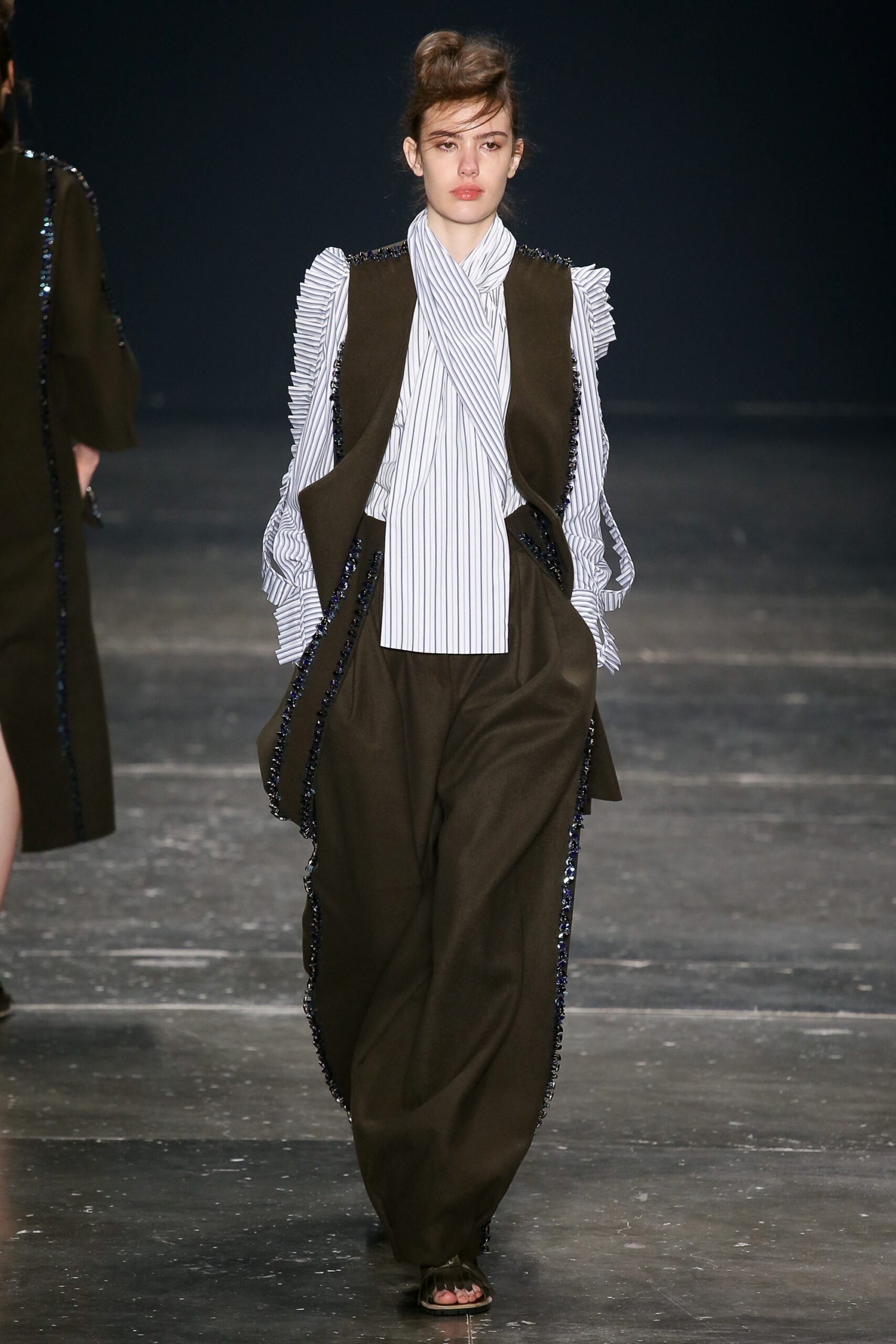 brown relaxed vest with striped shirt