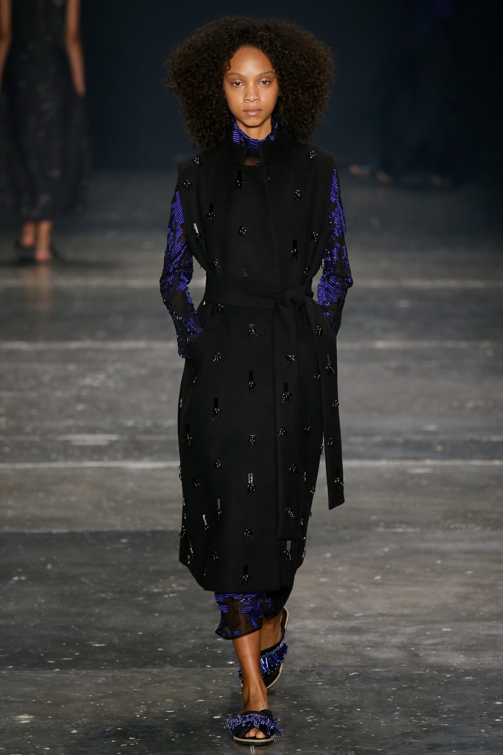 black wool tailored coat and blue silk dress