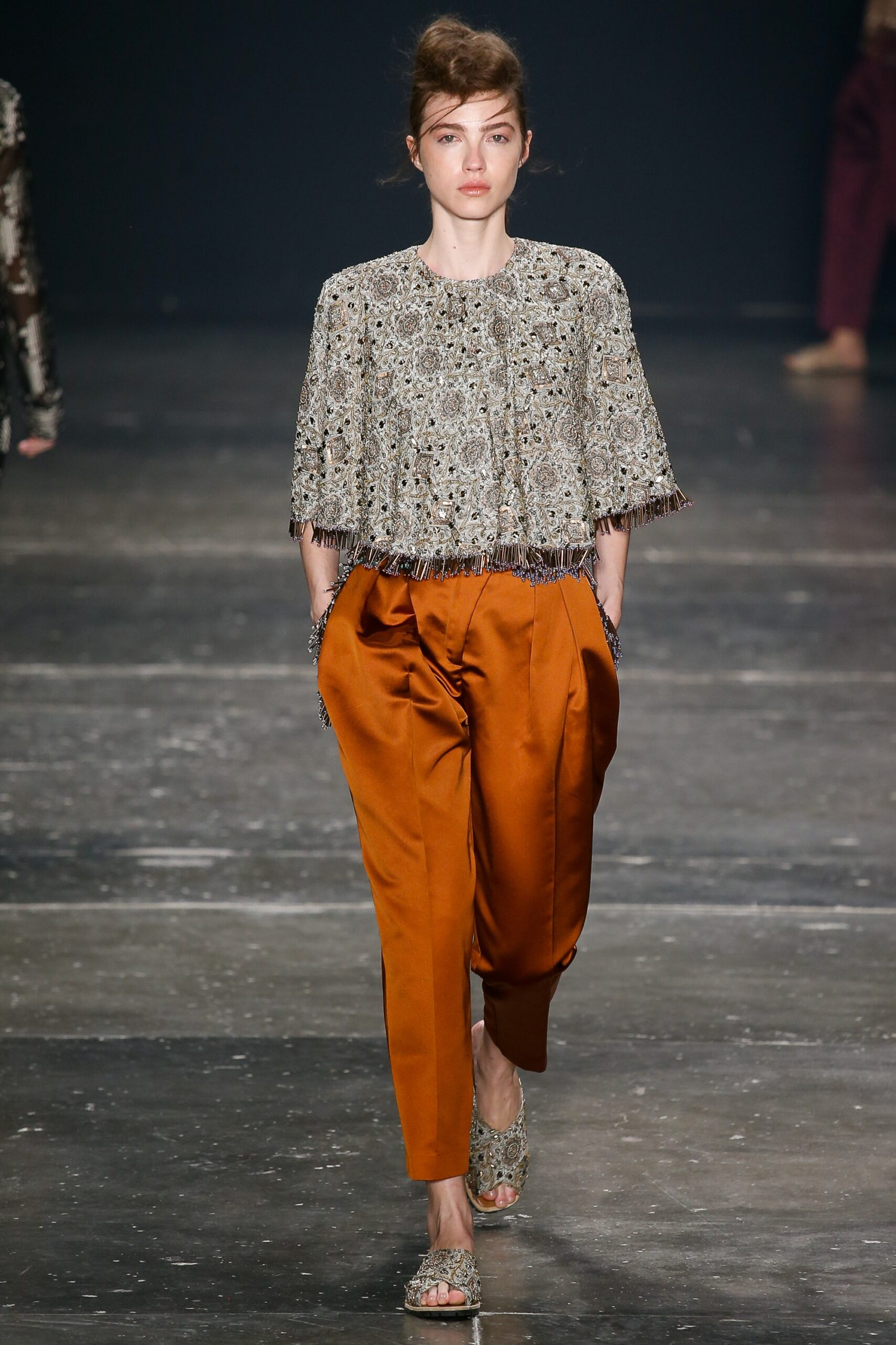 gray silk top with fringed detail