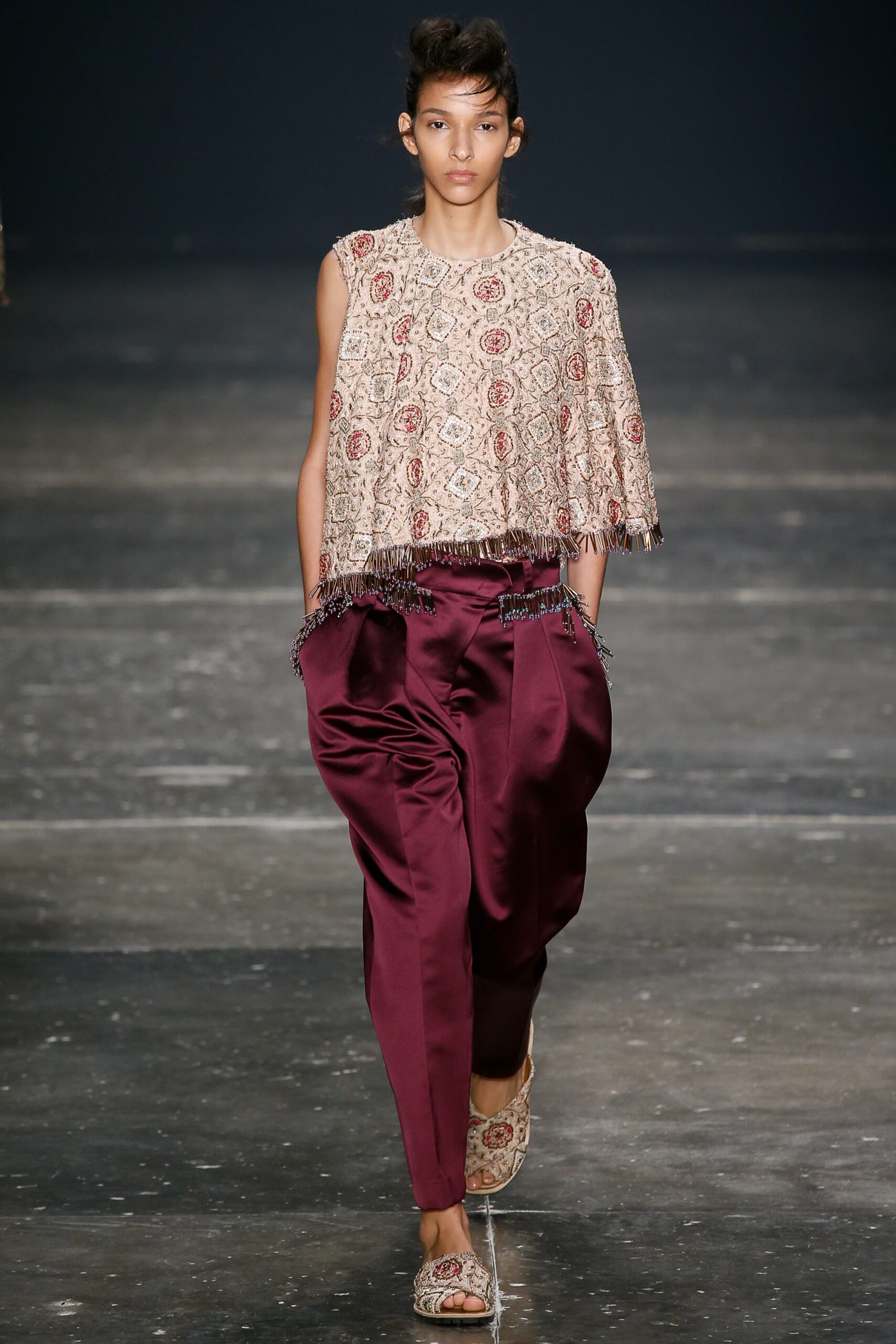purple silk fitted pleated pants