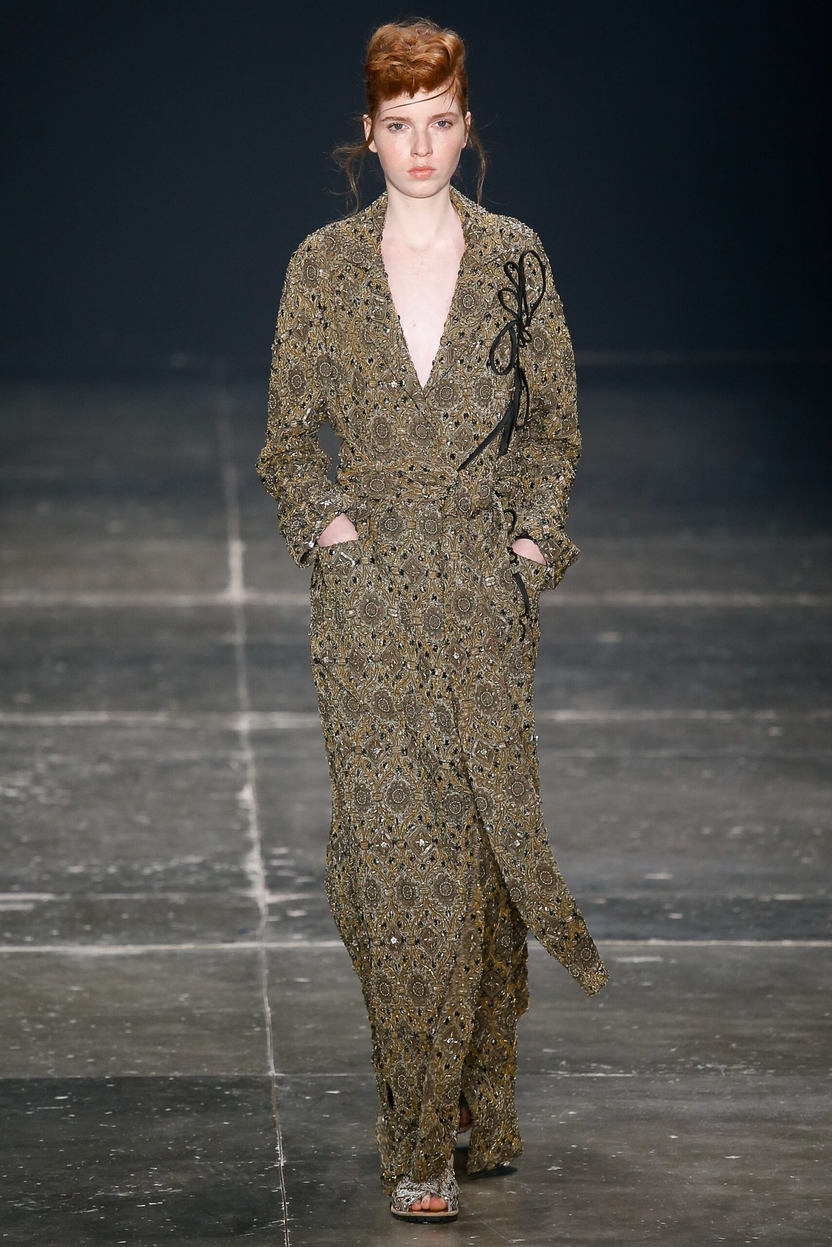 gold and black printed wrap dress