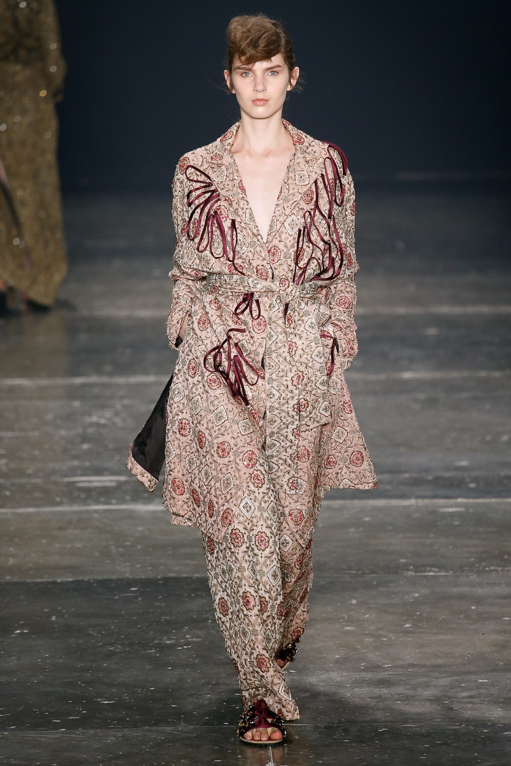 beige embroidered silk coat and pants