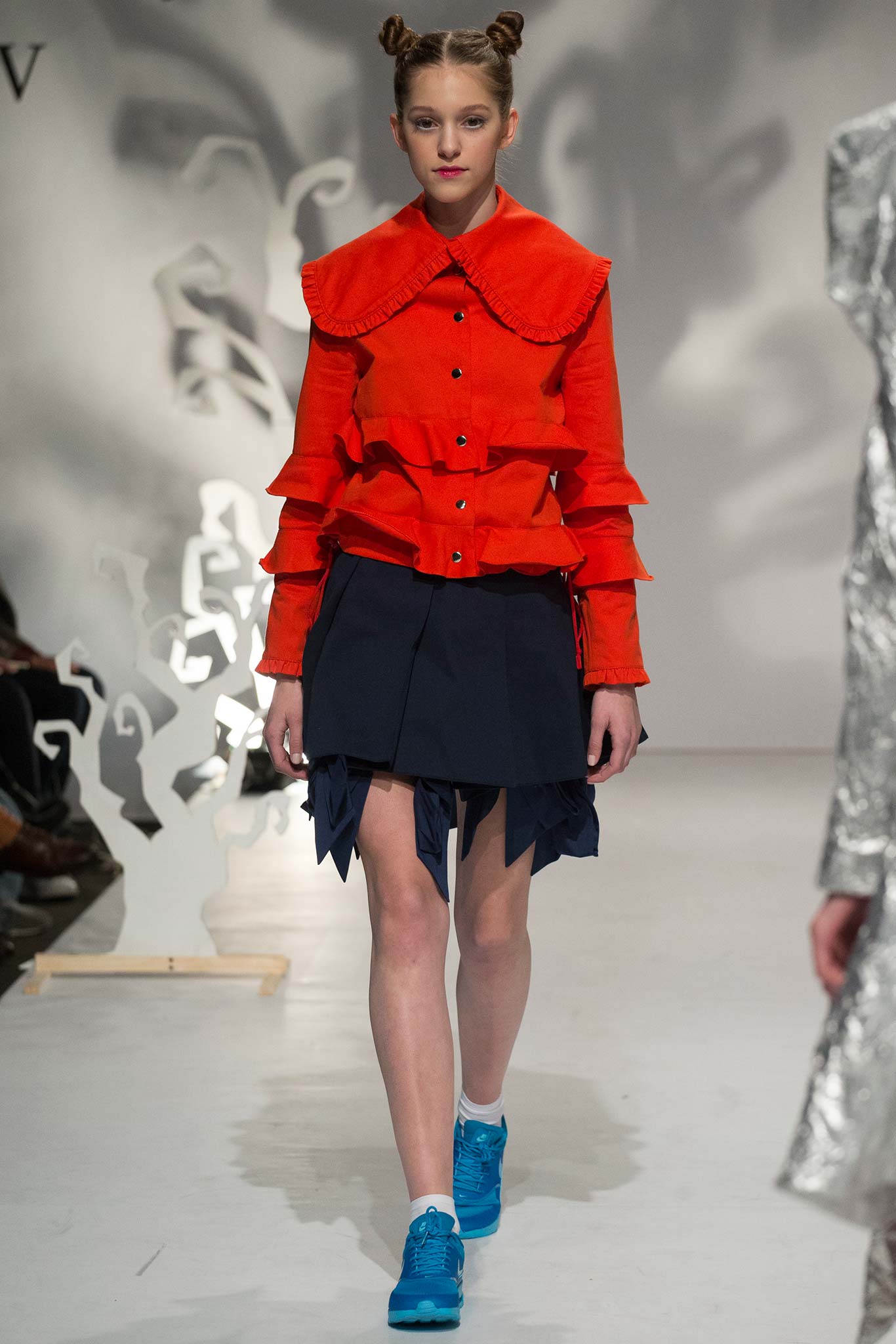 red ruffled high-neck blouse