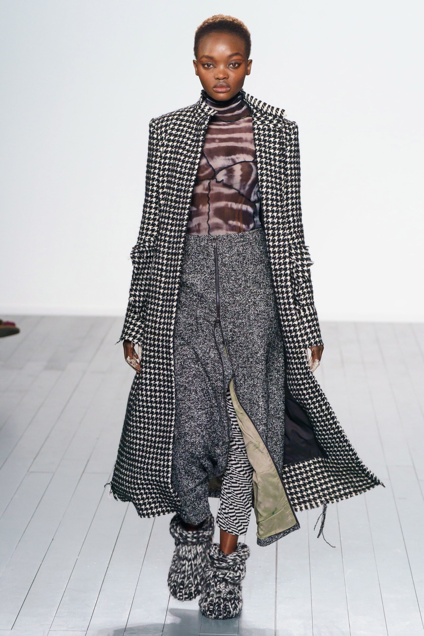 checked wool coat with printed top