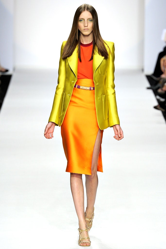 yellow blazer red top orange skirt