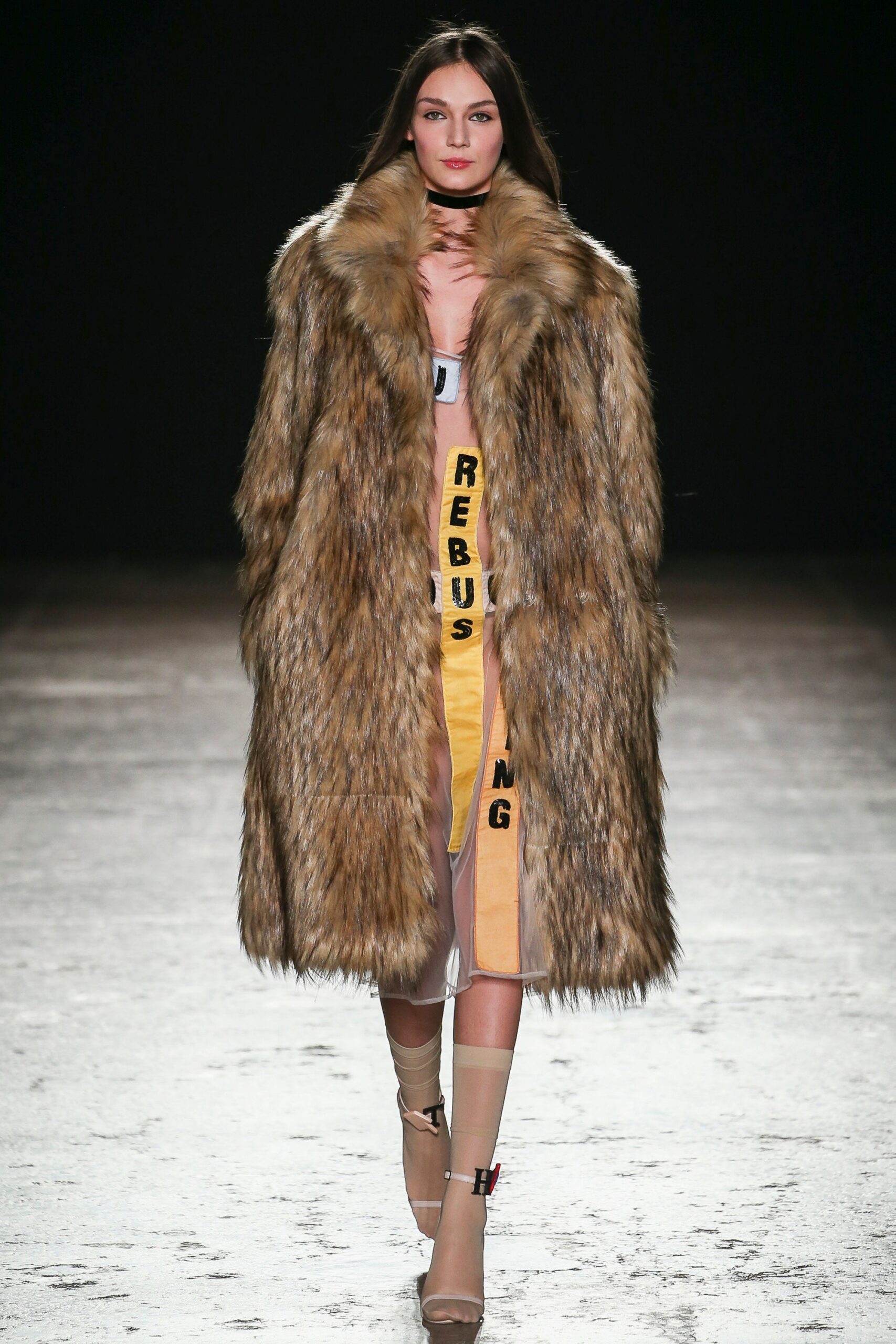 brown fur oversized coat and yellow dress