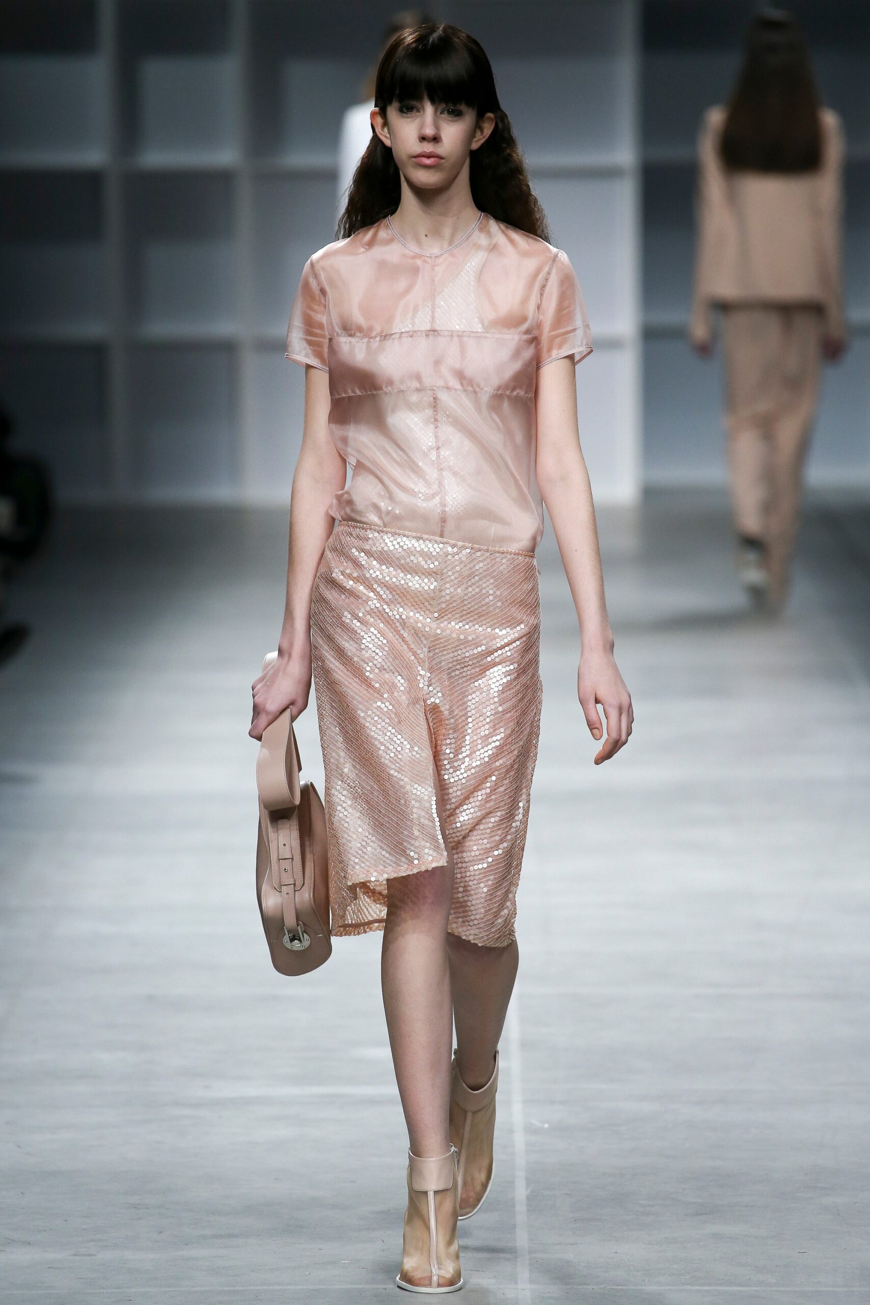 pink silk fitted top and skirt
