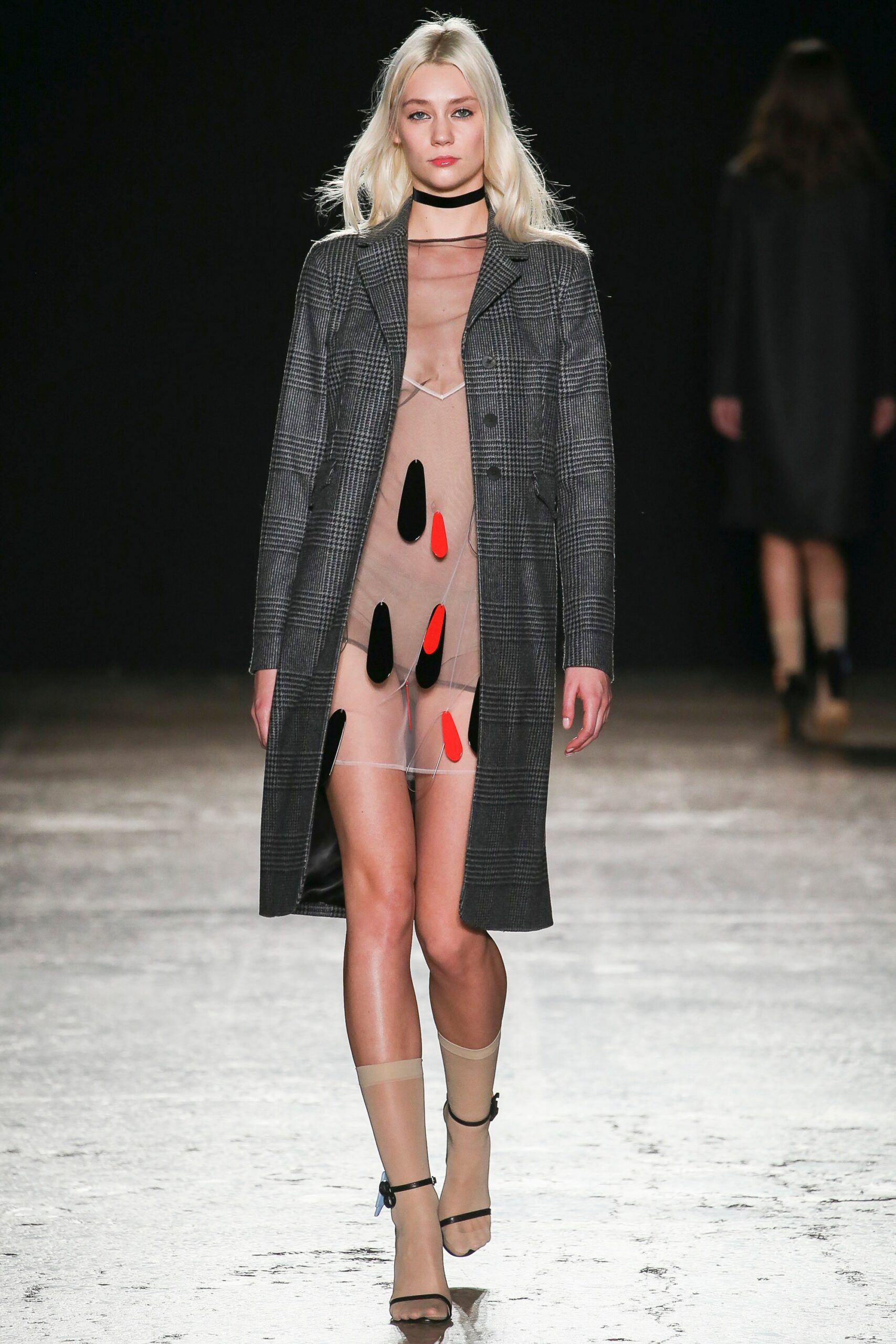 checked coat with sheer dress