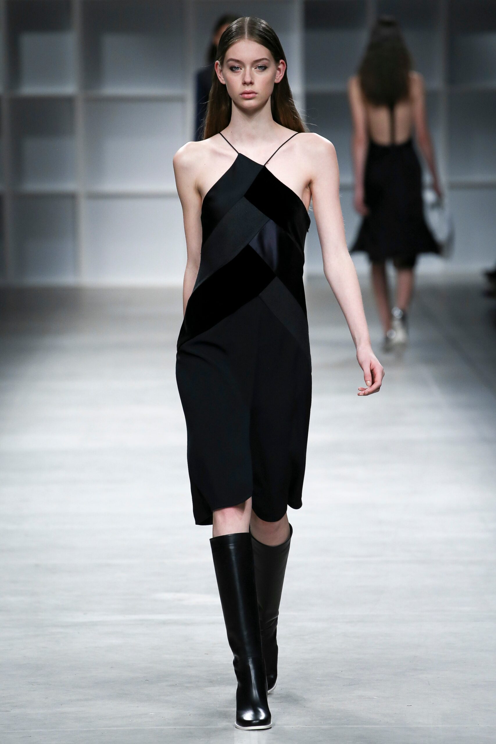 black silk asymmetric dress with boots