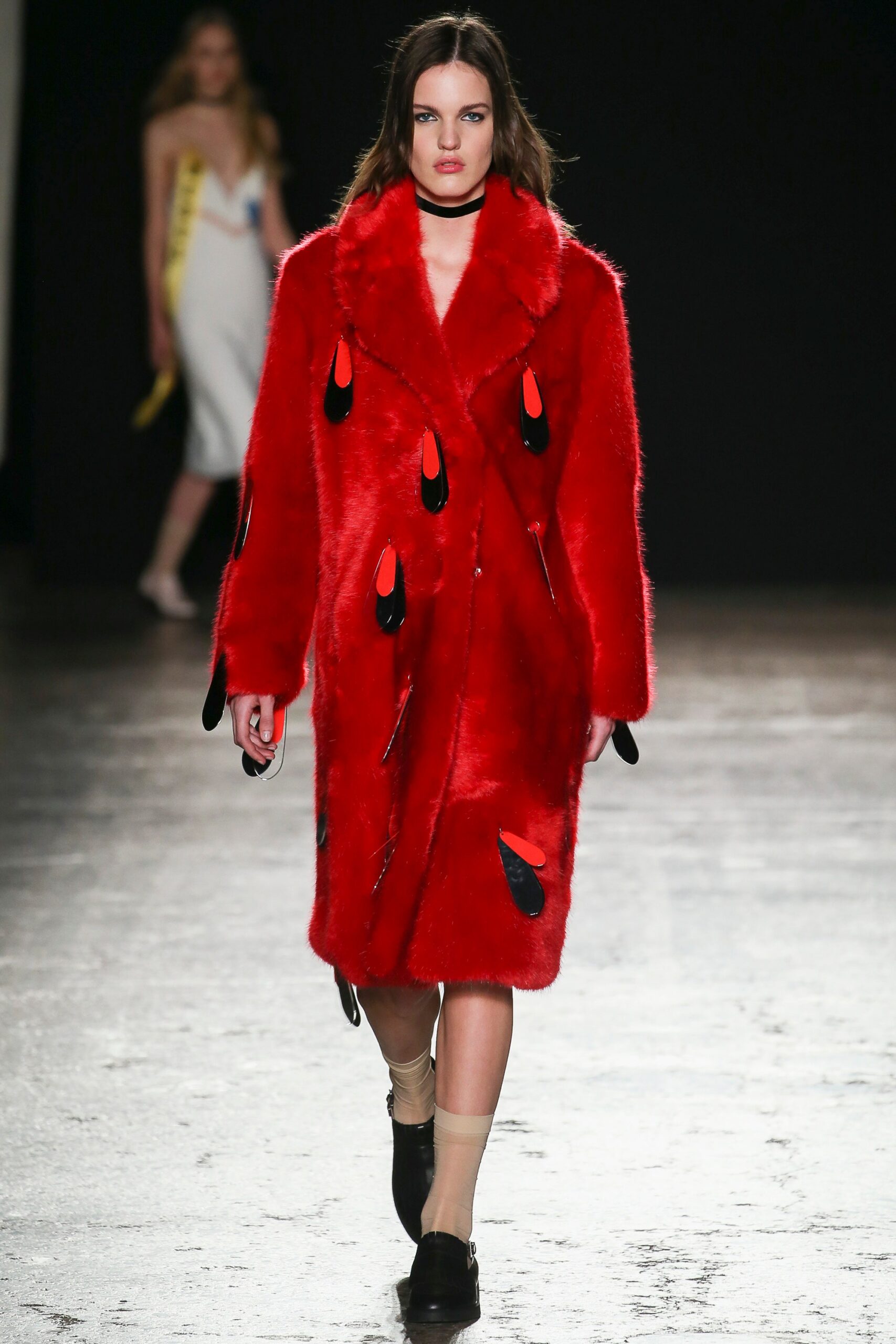 red faux-fur relaxed coat