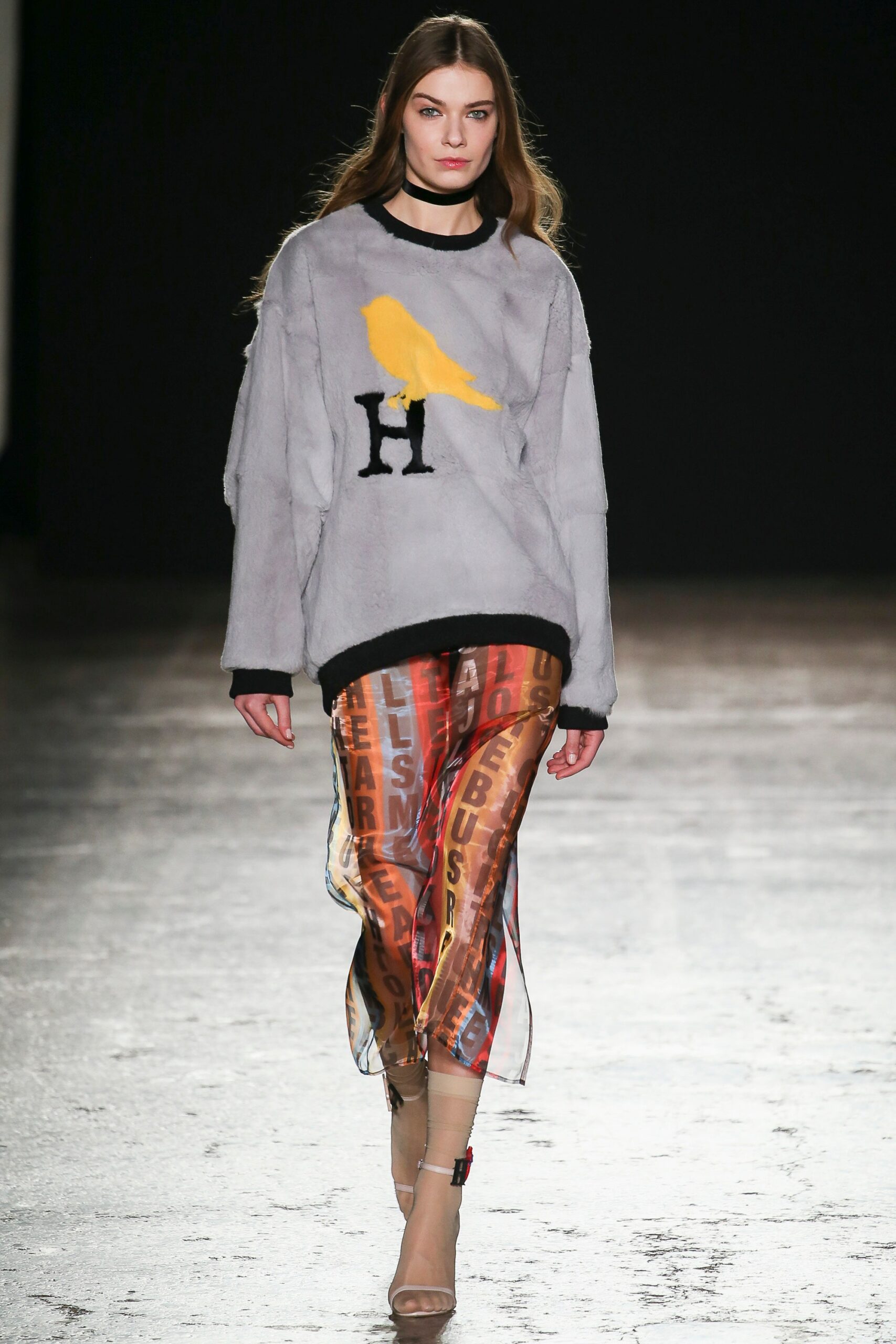gray faux-fur sweater with printed pants