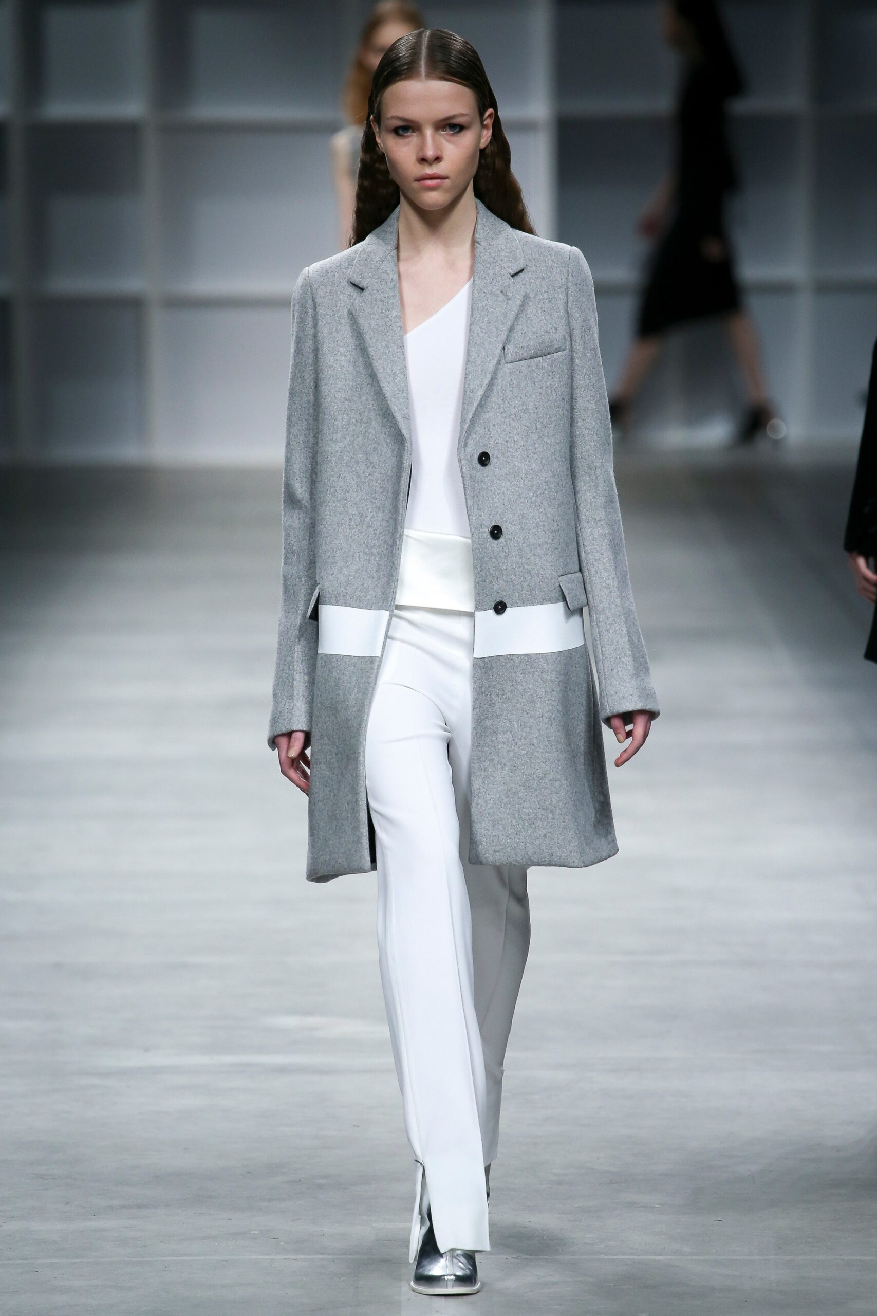gray tailored coat with white top