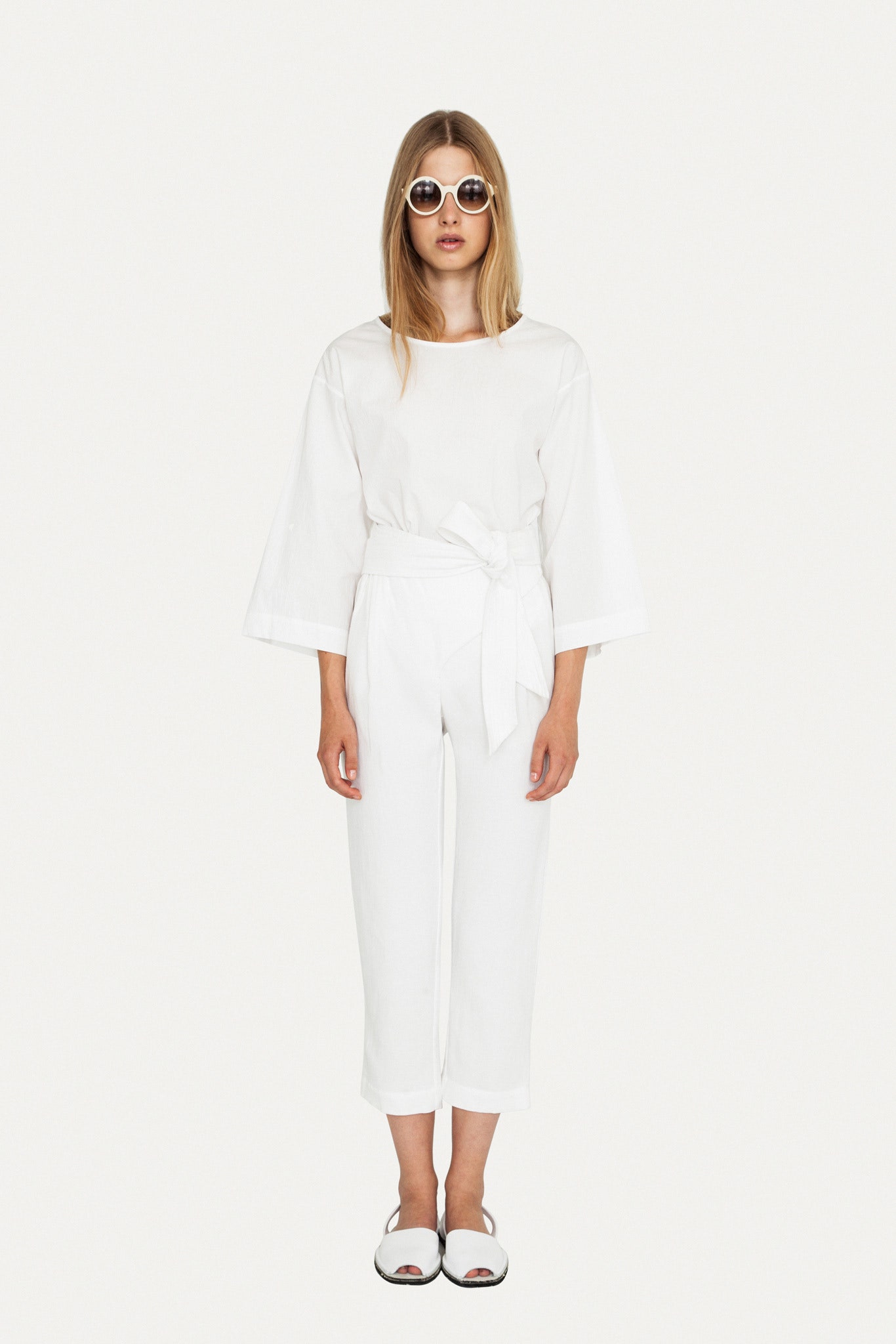 white cotton long-sleeve collared relaxed belted top