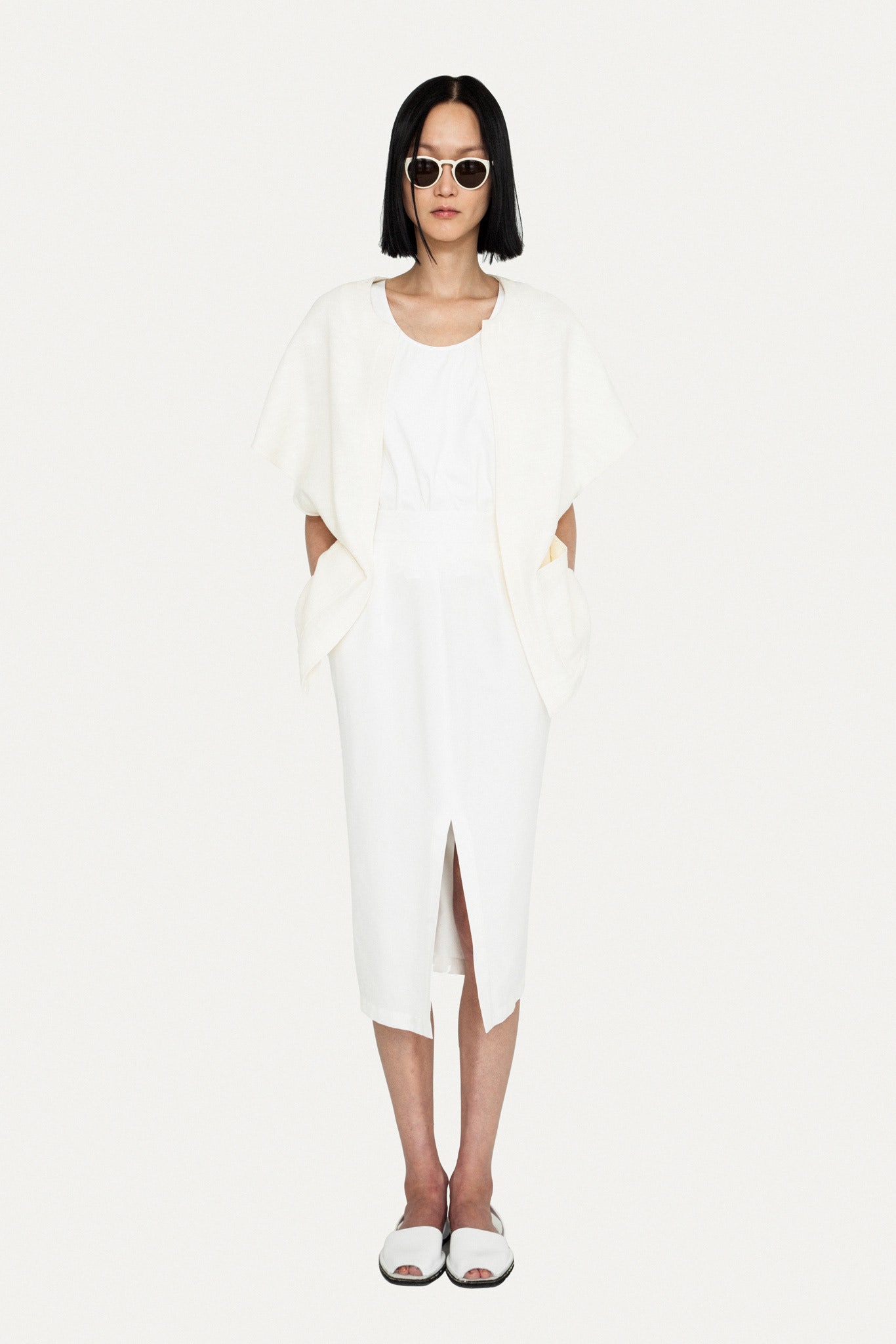 white cotton sleeveless relaxed draped cape