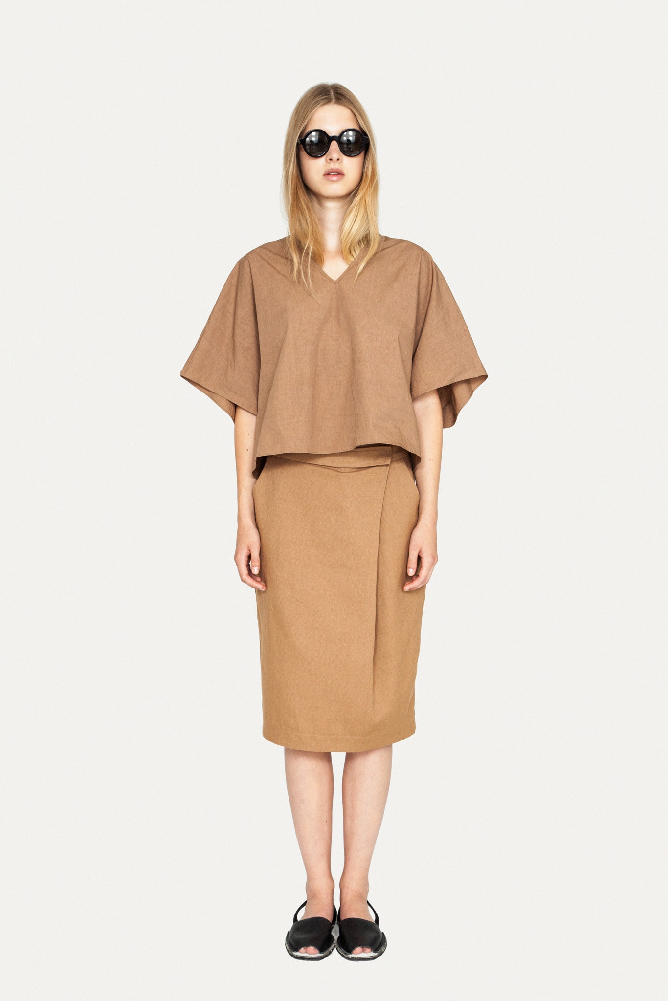 brown linen top and skirt