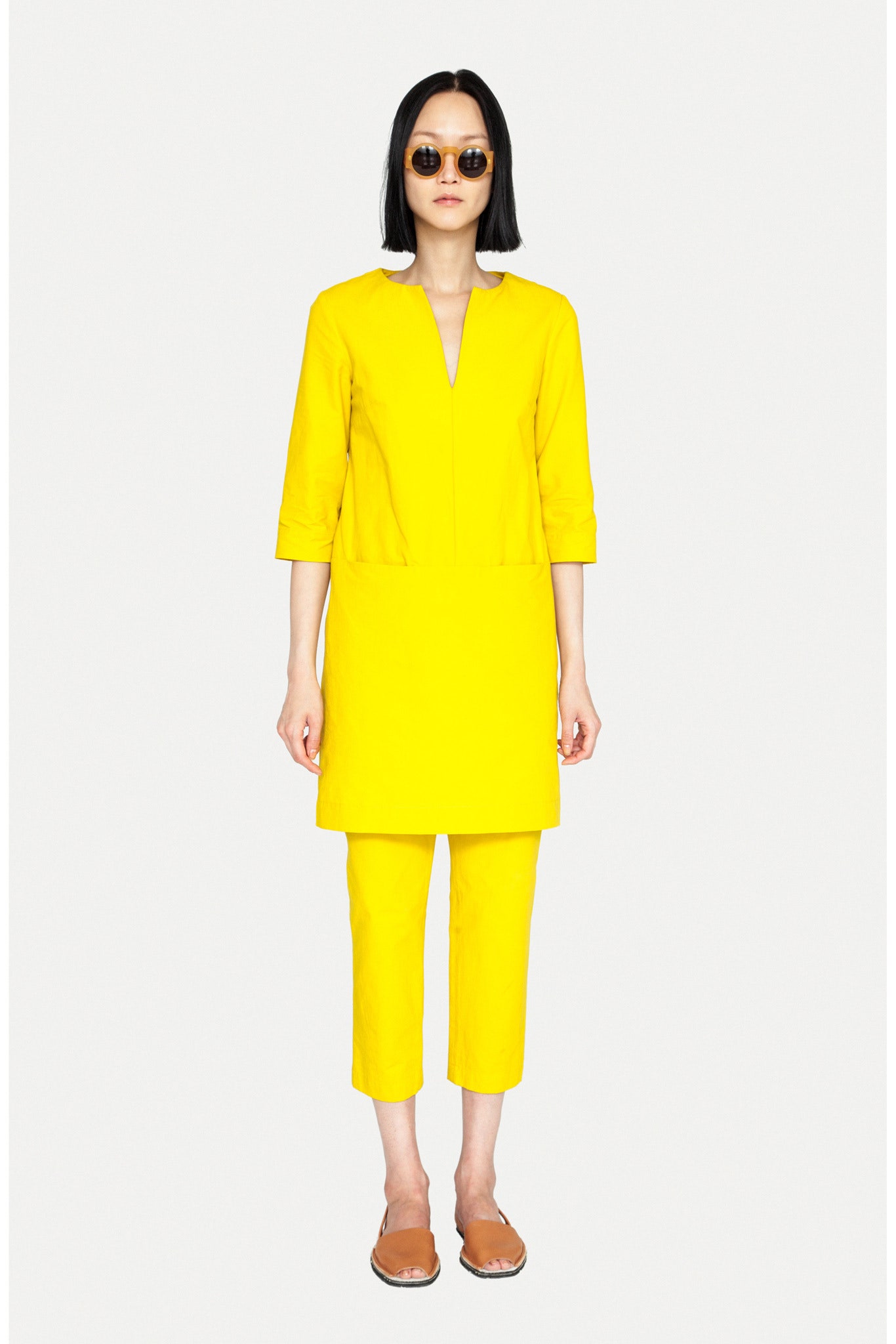 yellow fitted dress with pants