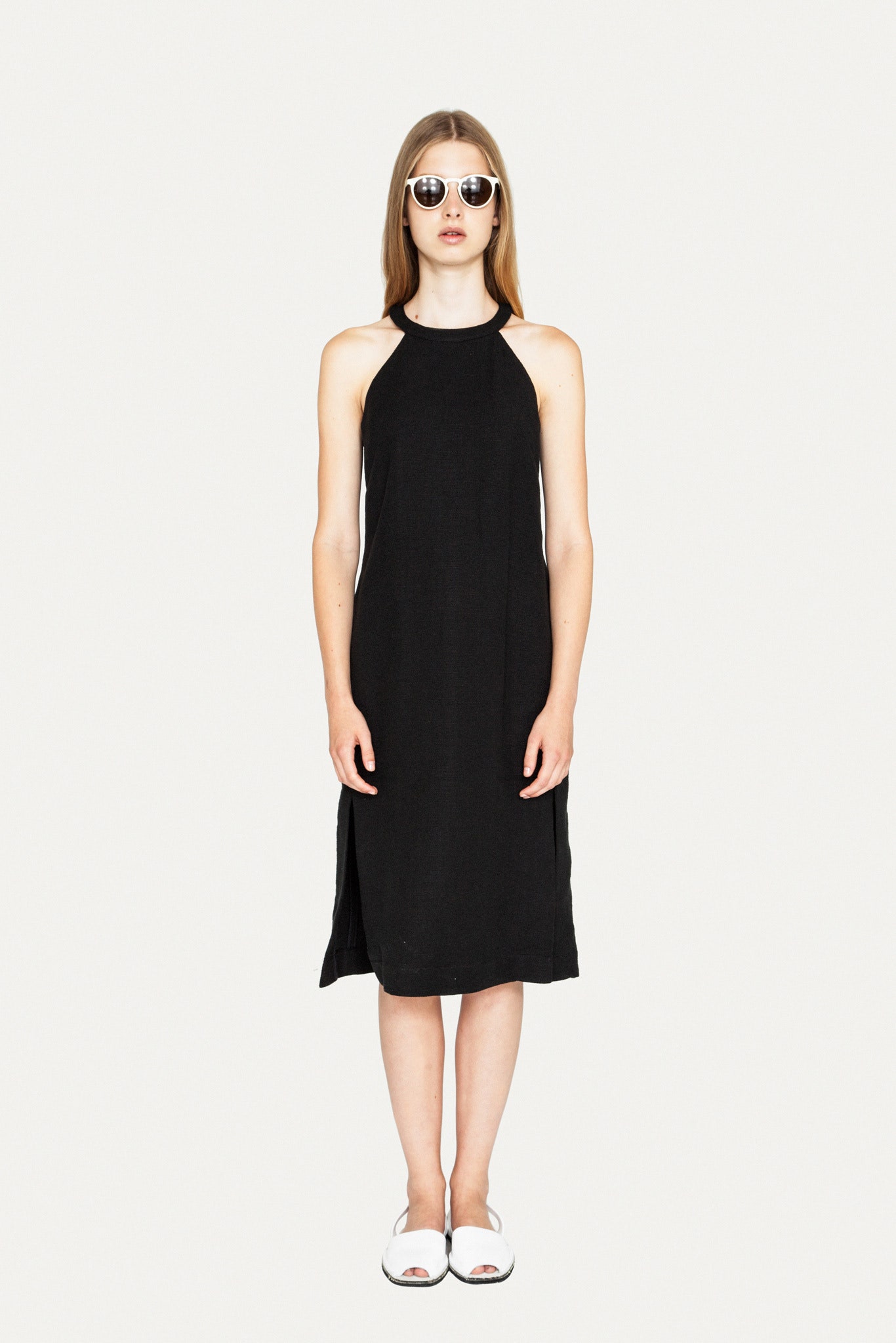 black midi dress with sunglasses