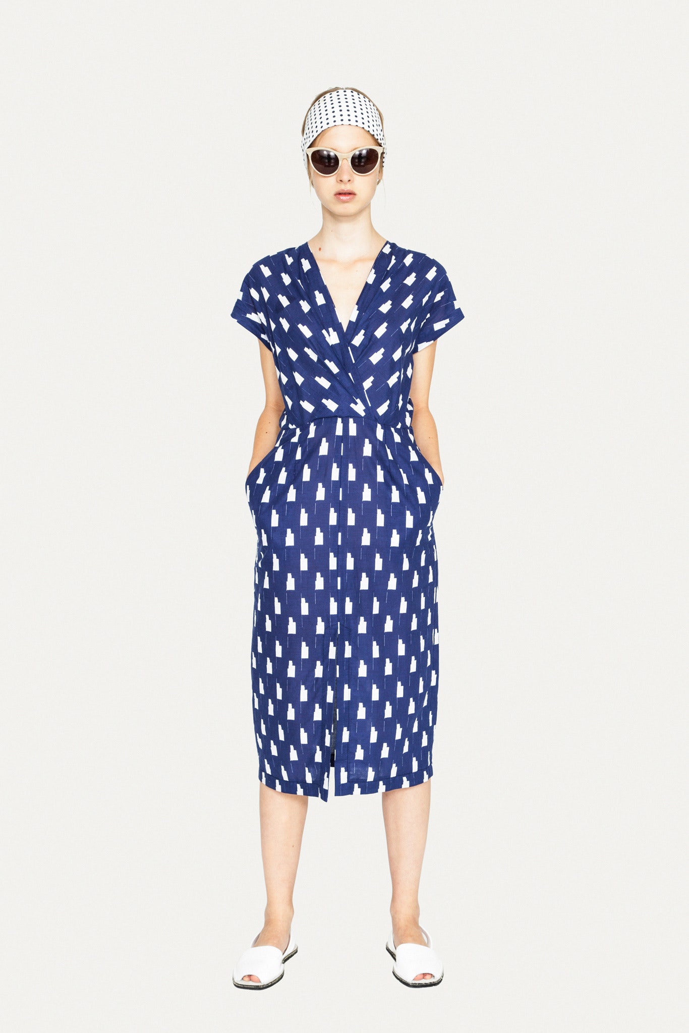 blue and white printed midi dress