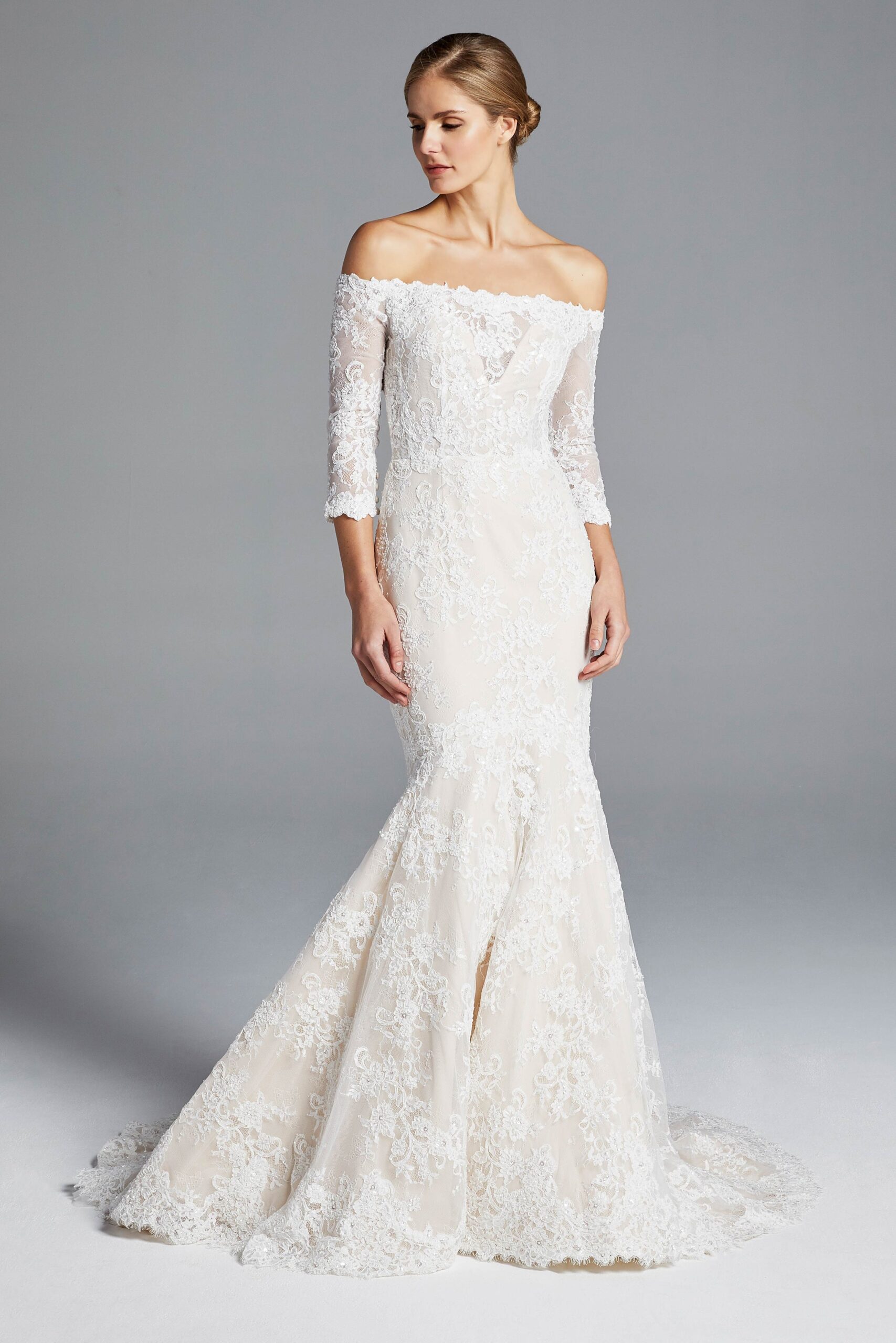 ivory lace off-shoulder gown