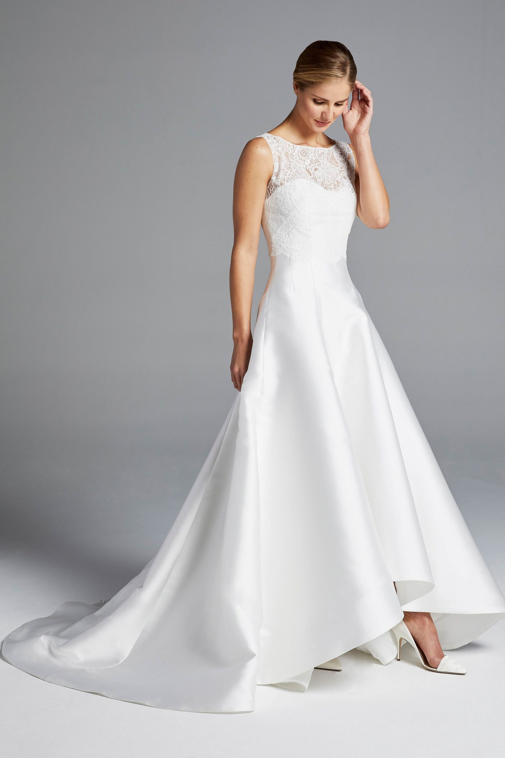 white silk sleeveless gown