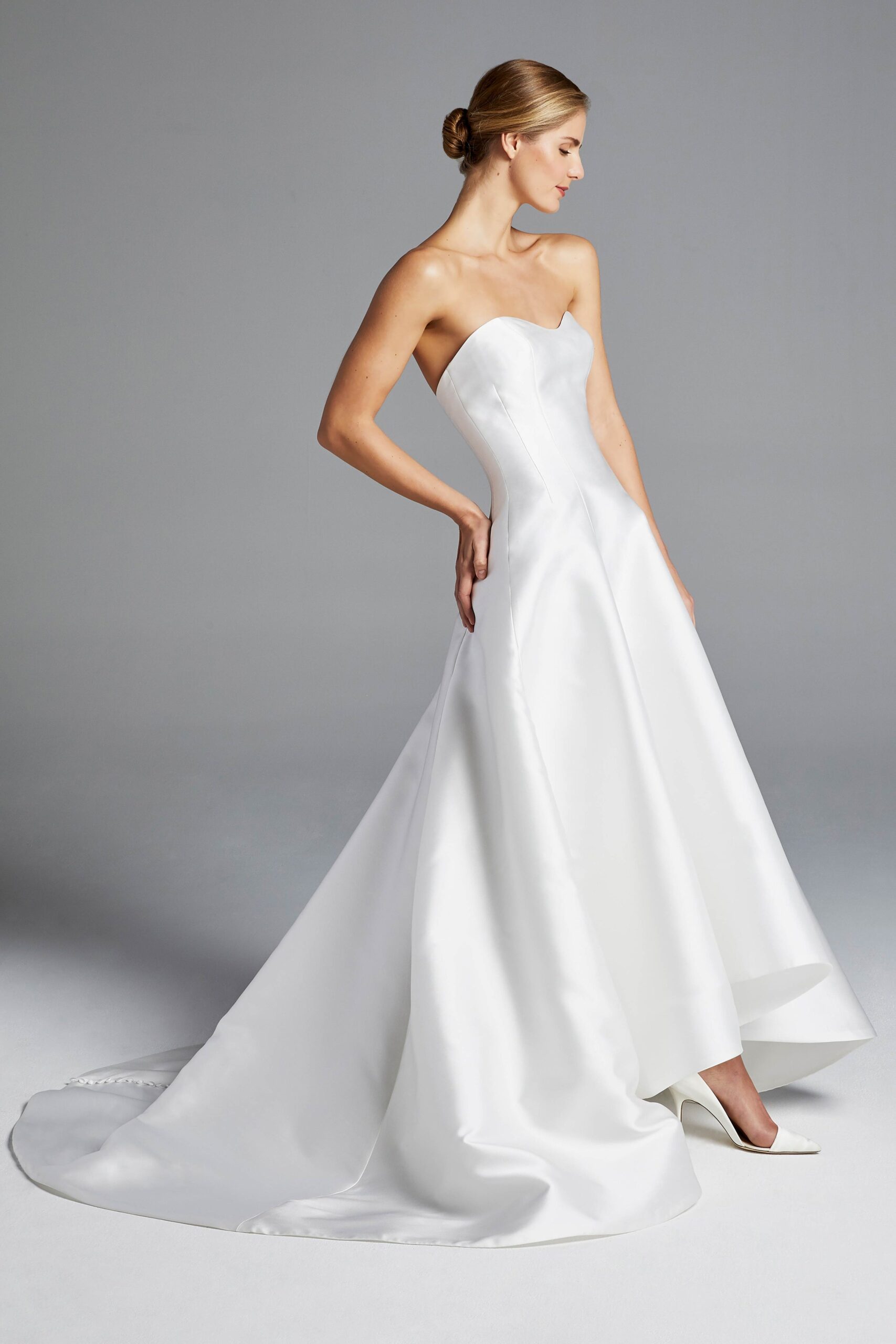 white satin strapless gown