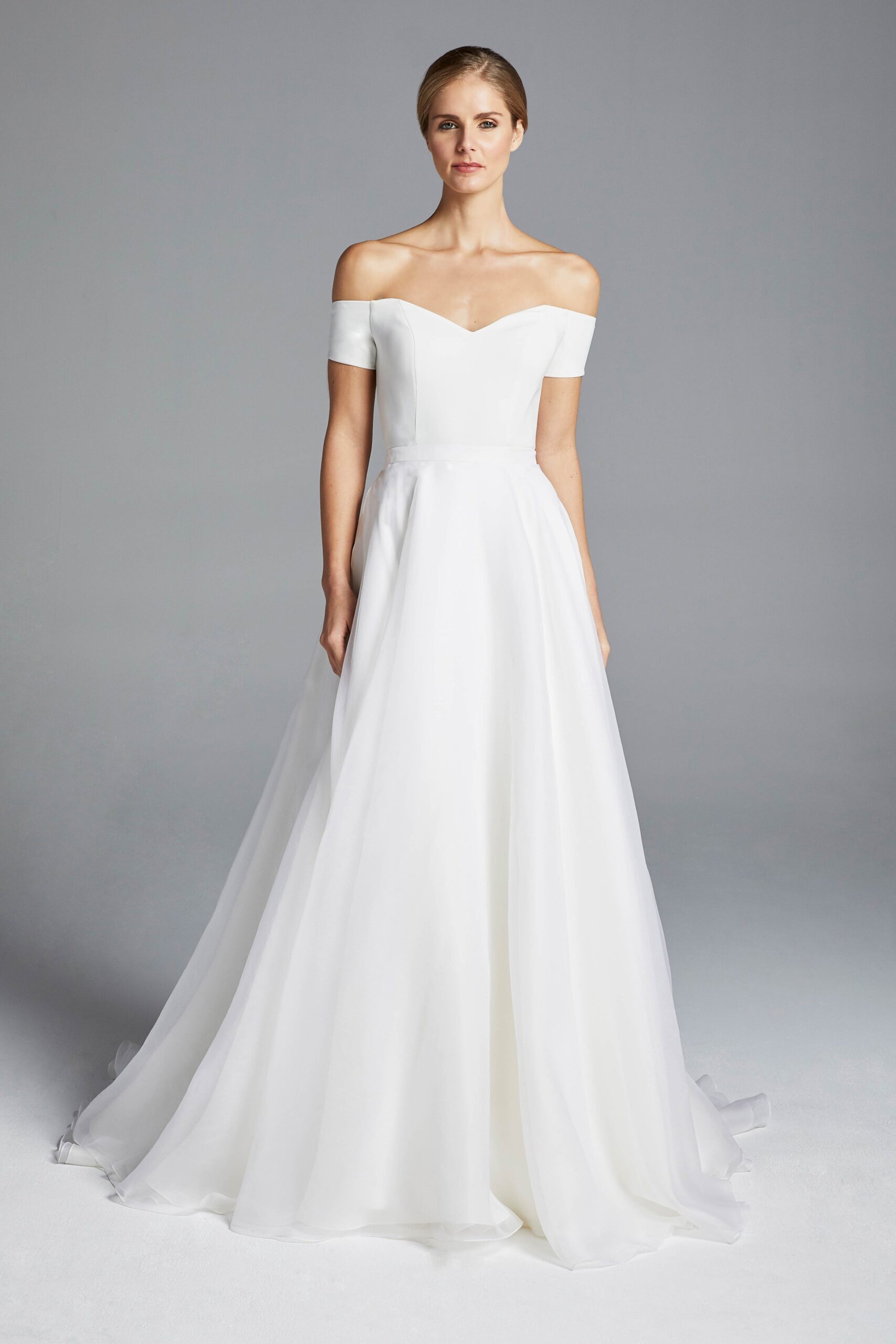 white silk off-shoulder gown
