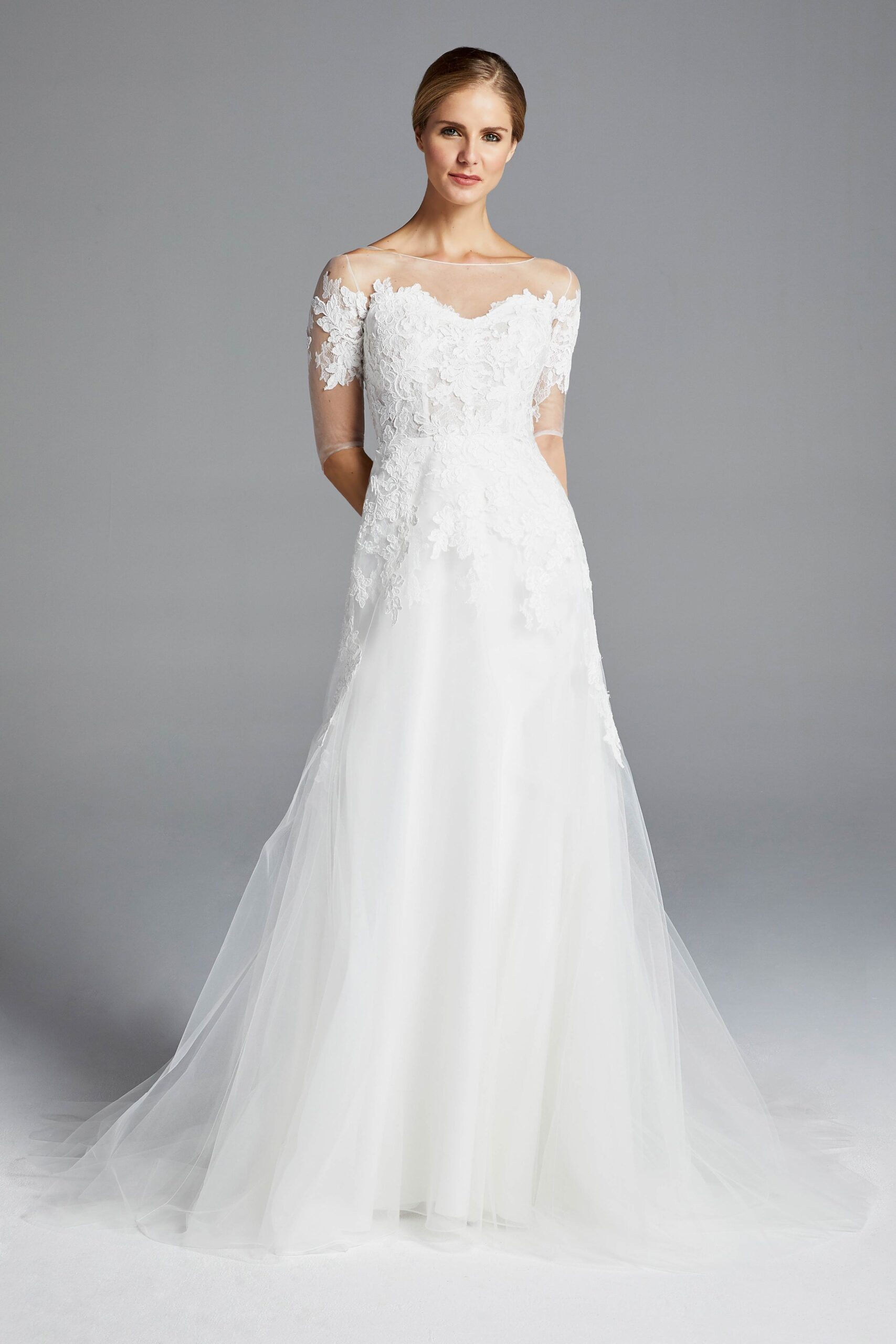 white lace off-shoulder gown