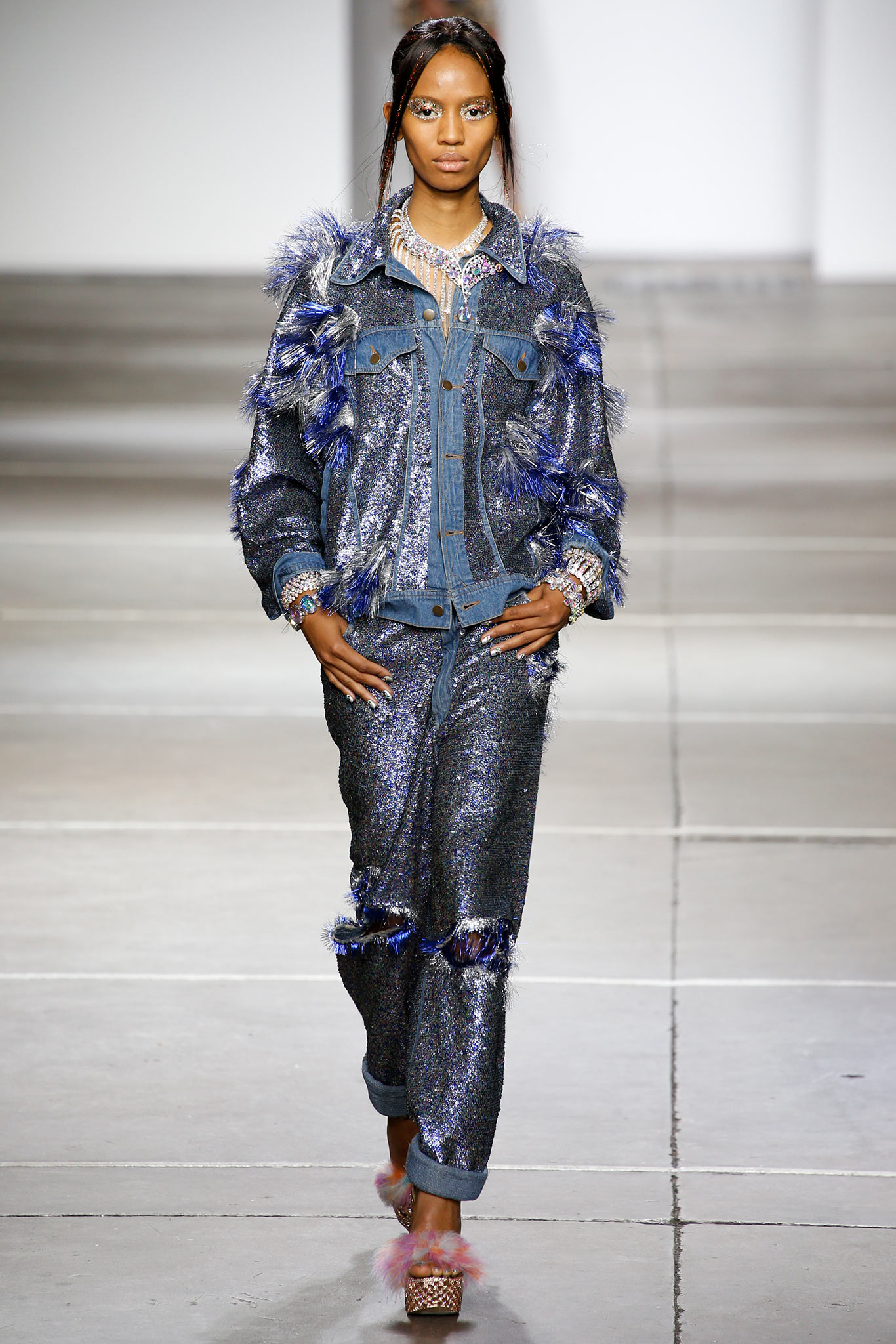 blue denim long-sleeve collared relaxed sequined fringed jacket