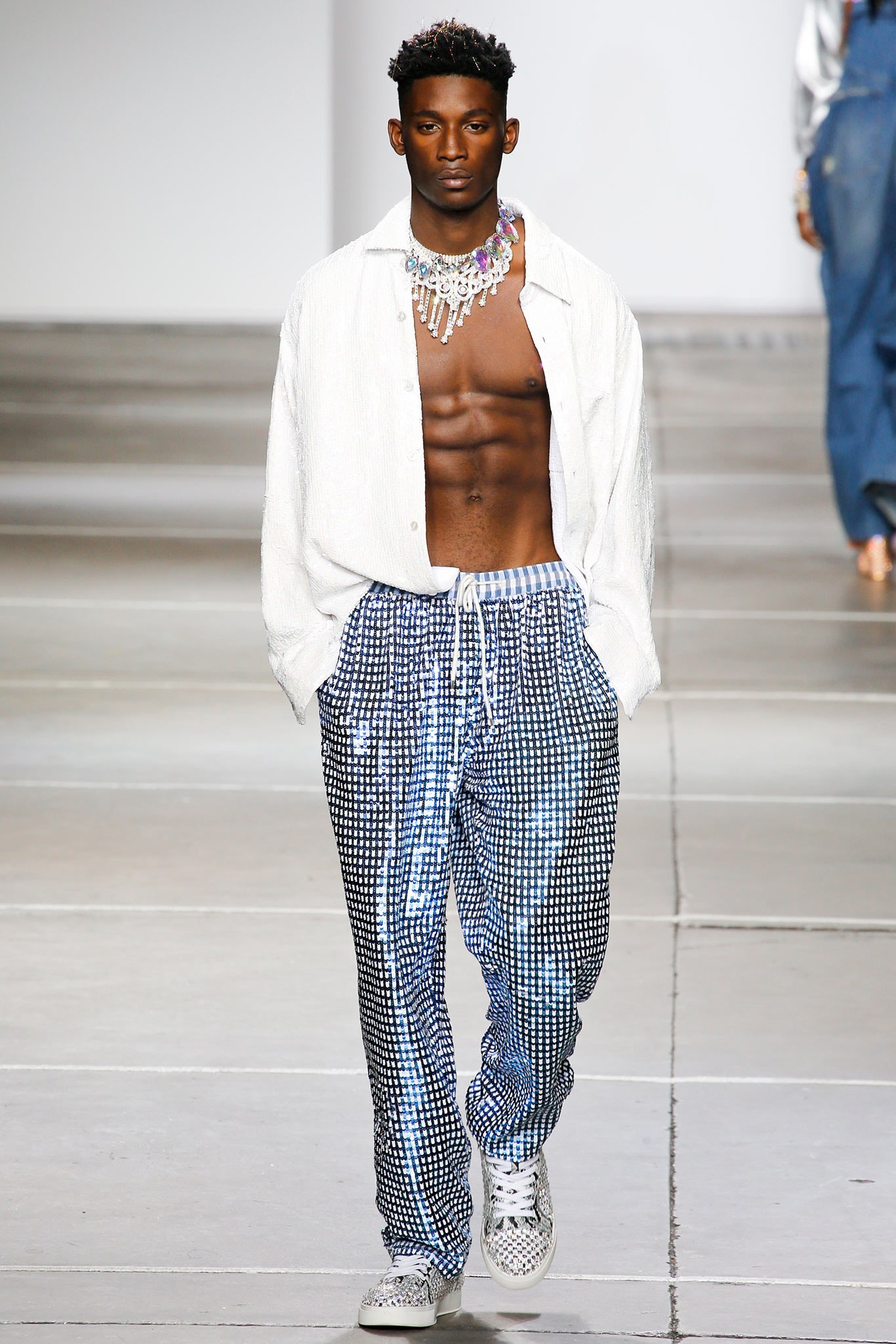 blue cotton relaxed checked pants