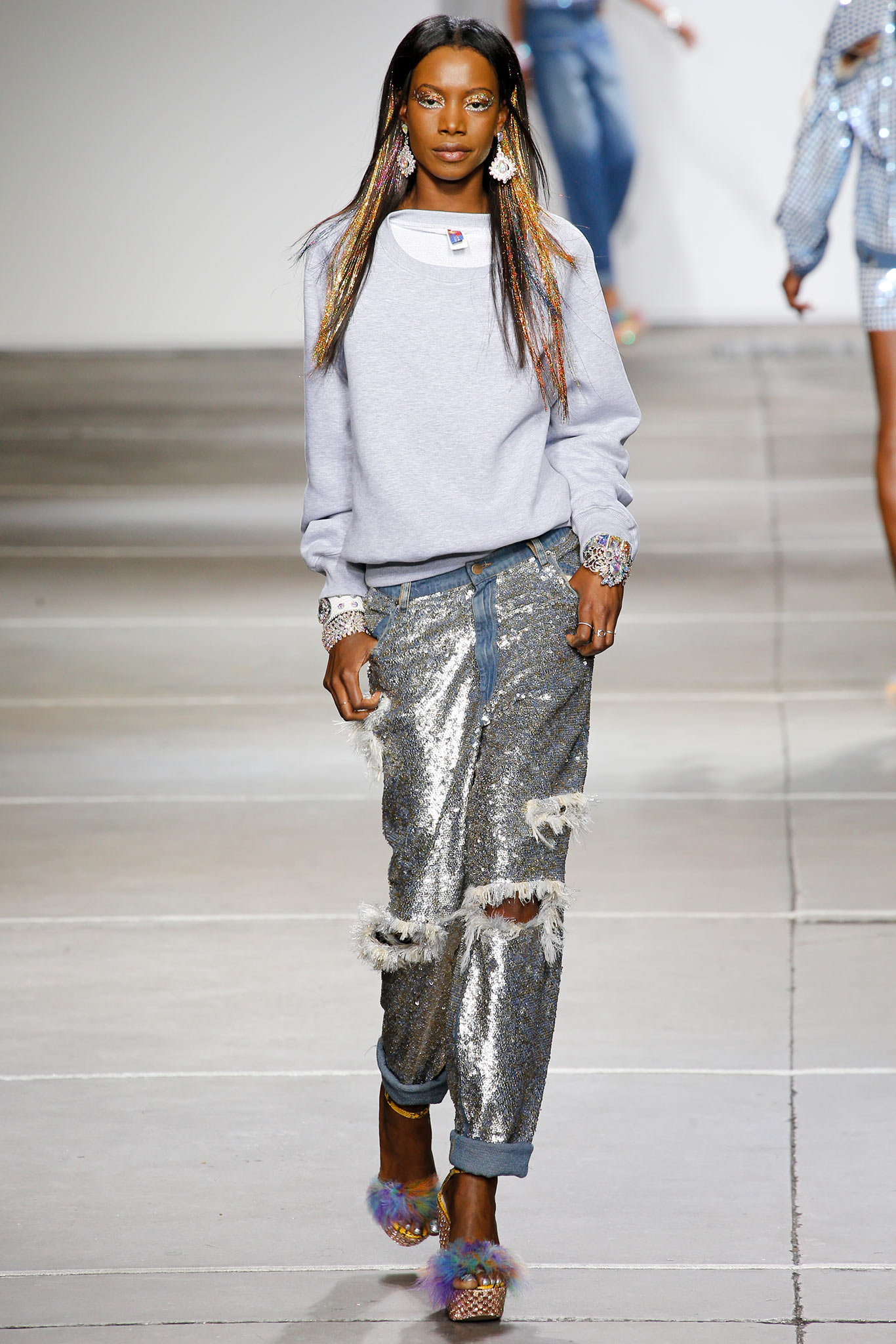 gray denim relaxed distressed shiny pants