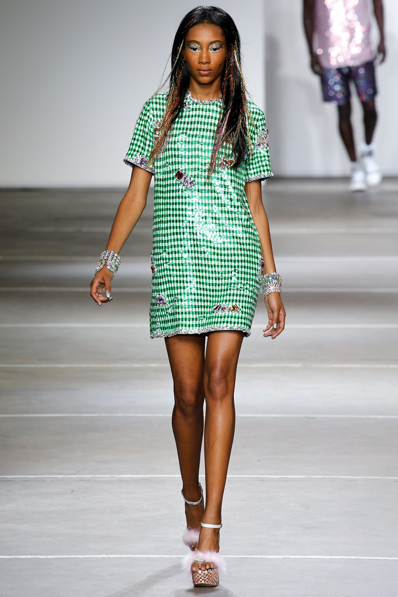green and white checked mini dress