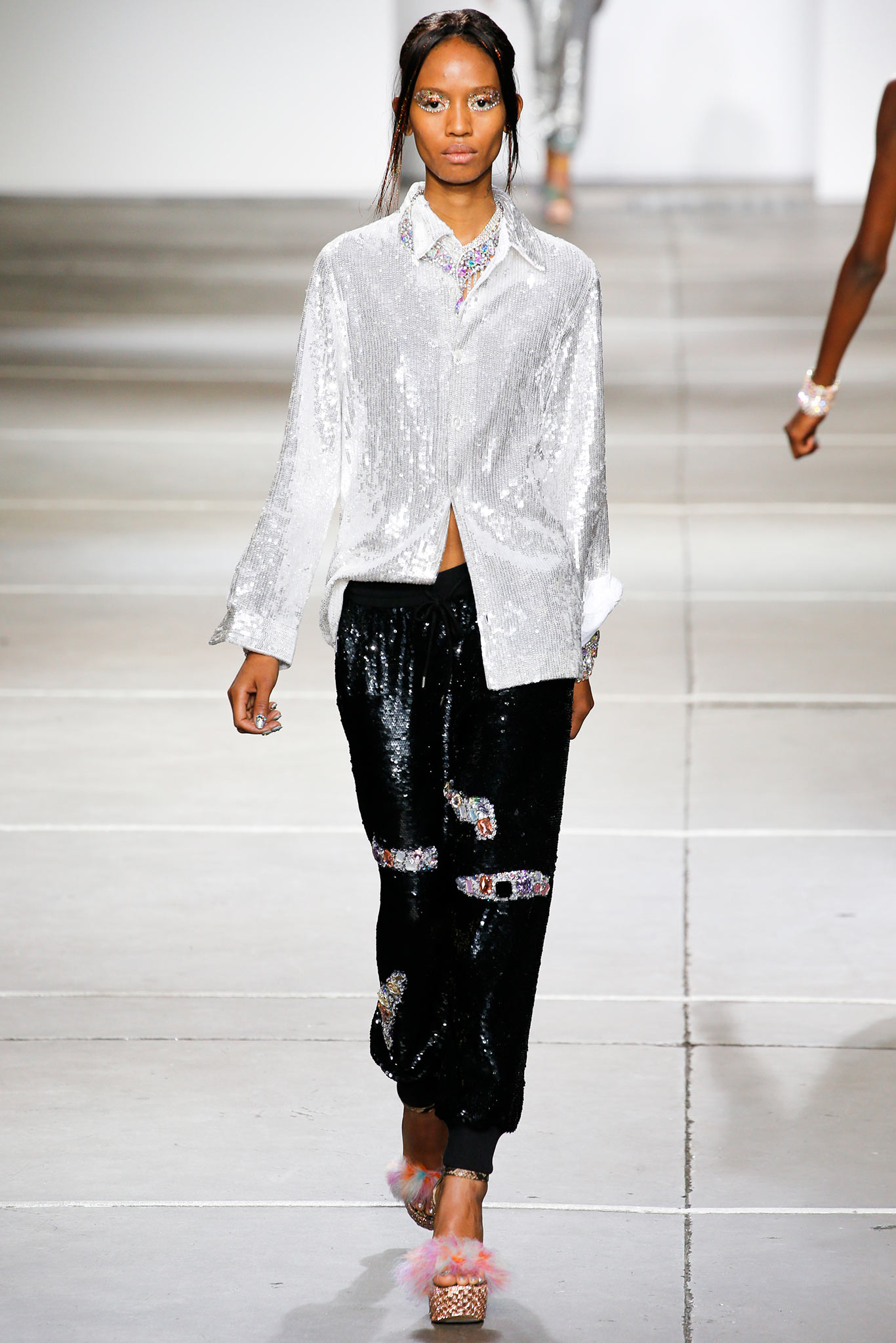 gray silk long-sleeve collared relaxed sequined shiny shirt