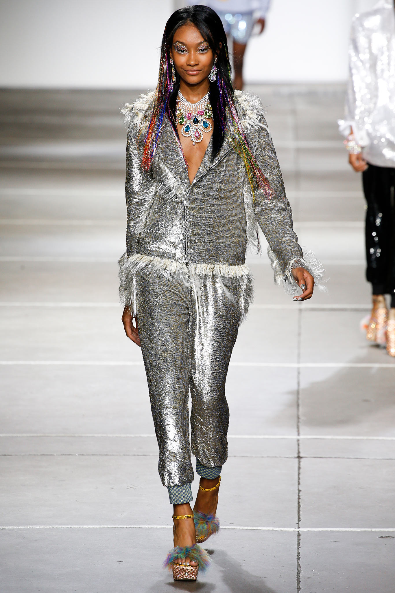 gray long-sleeve v-neck fitted sequined fringed shiny jacket