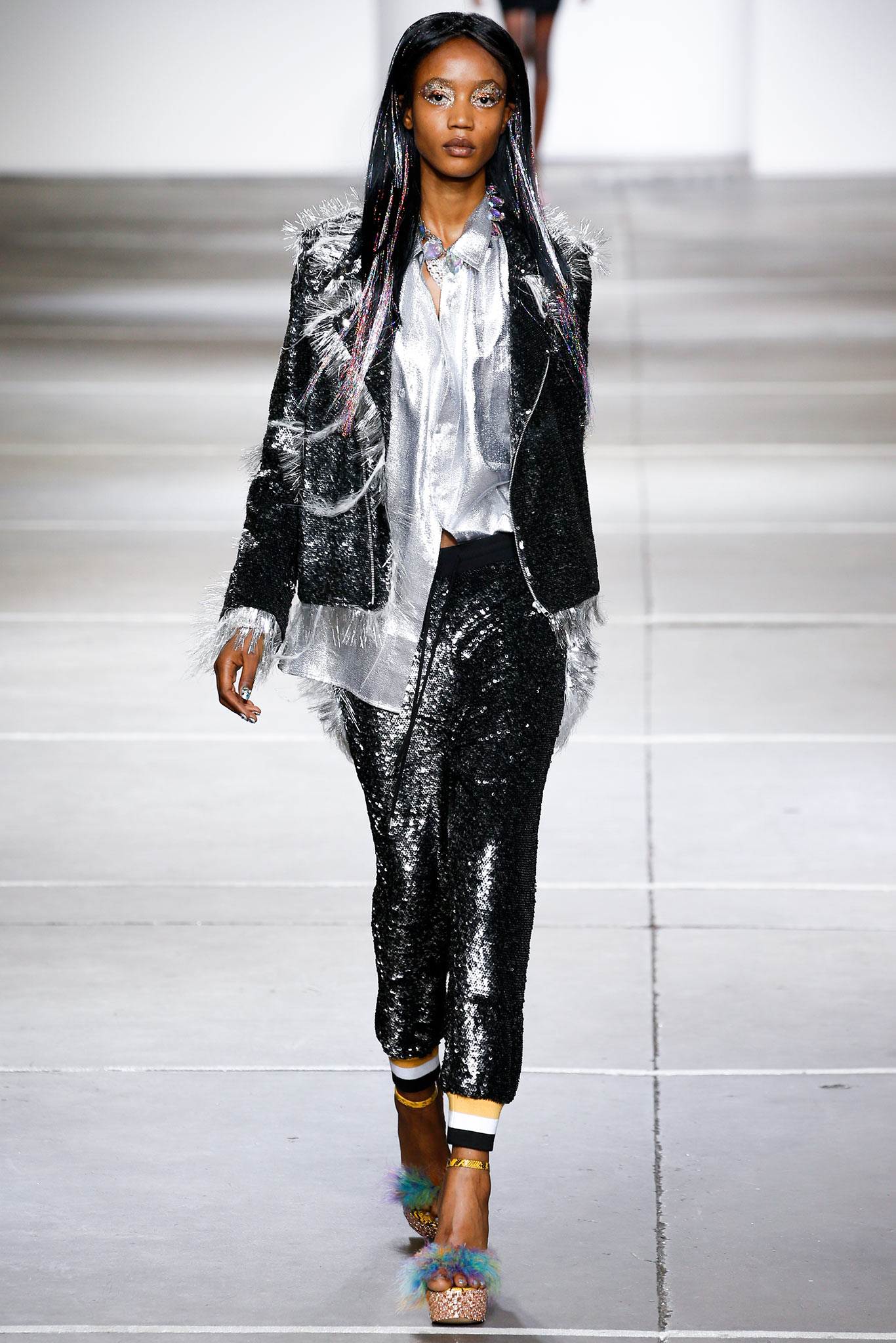 black sequin long-sleeve collared fitted fringed shiny jacket
