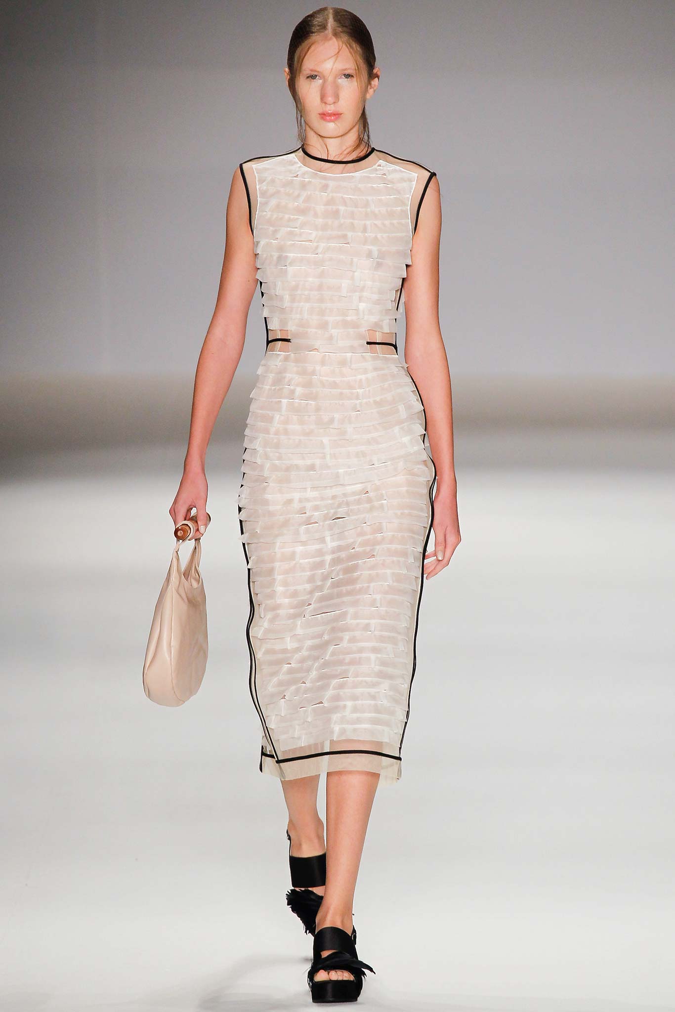 white silk sleeveless high-neck fitted ruched sheer dress