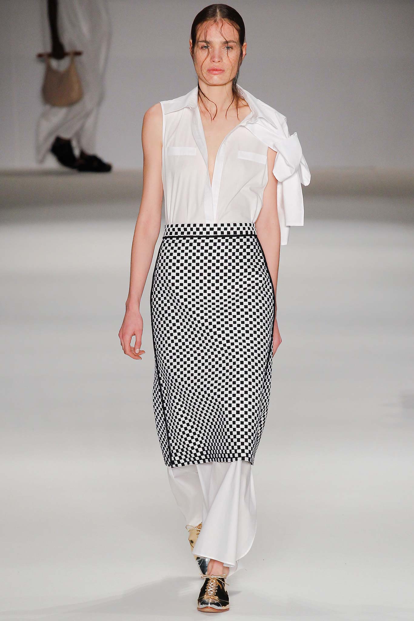 white fitted shirt and black white pencil skirt
