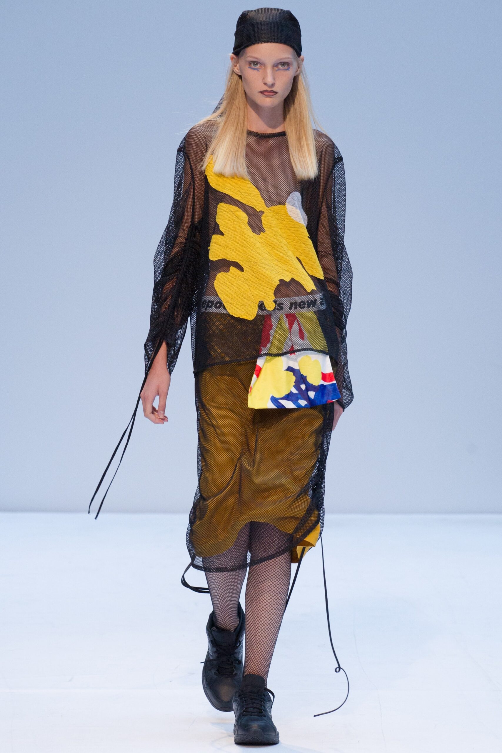 black mesh top yellow midi skirt