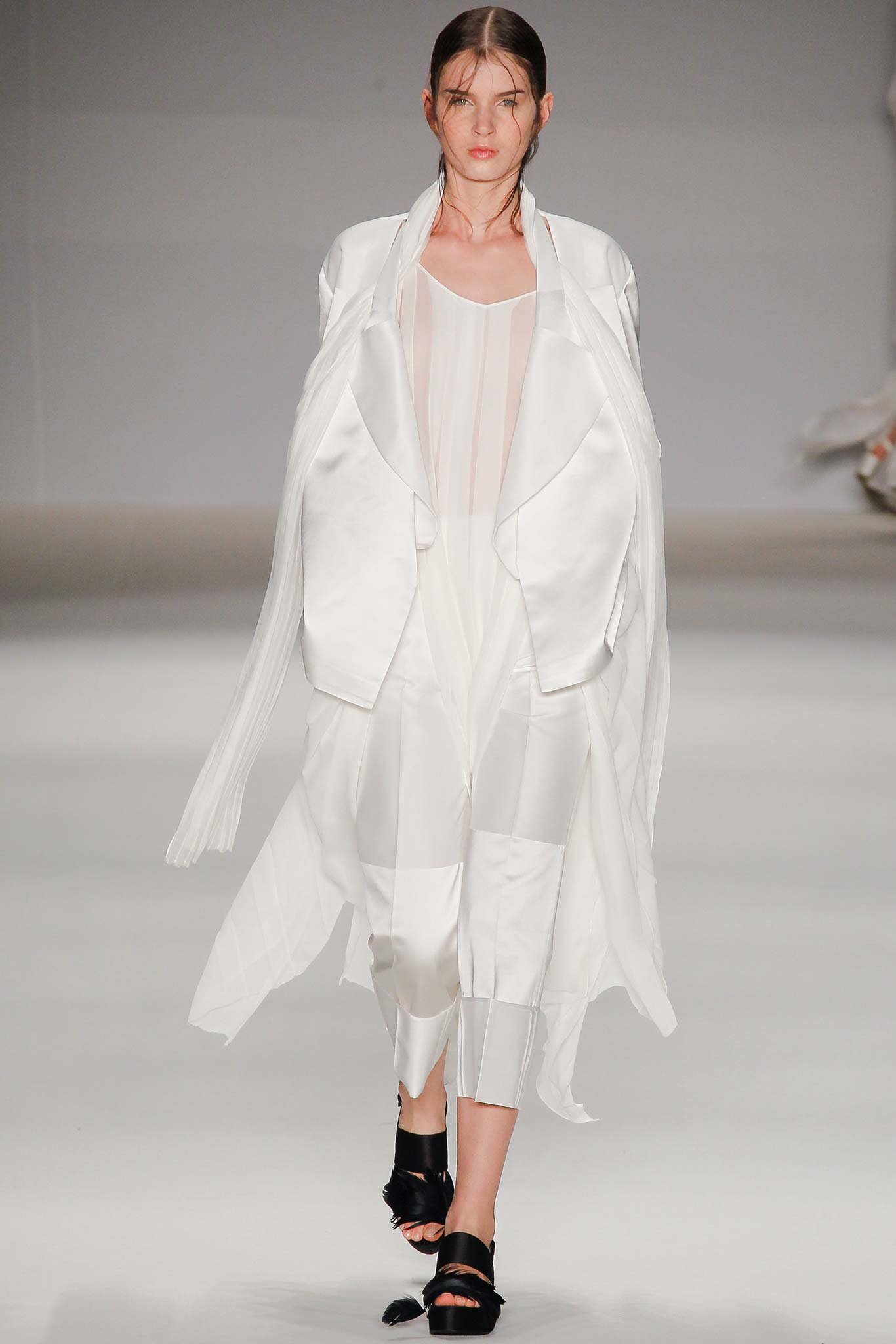 white silk long-sleeve collared relaxed draped flowing coat